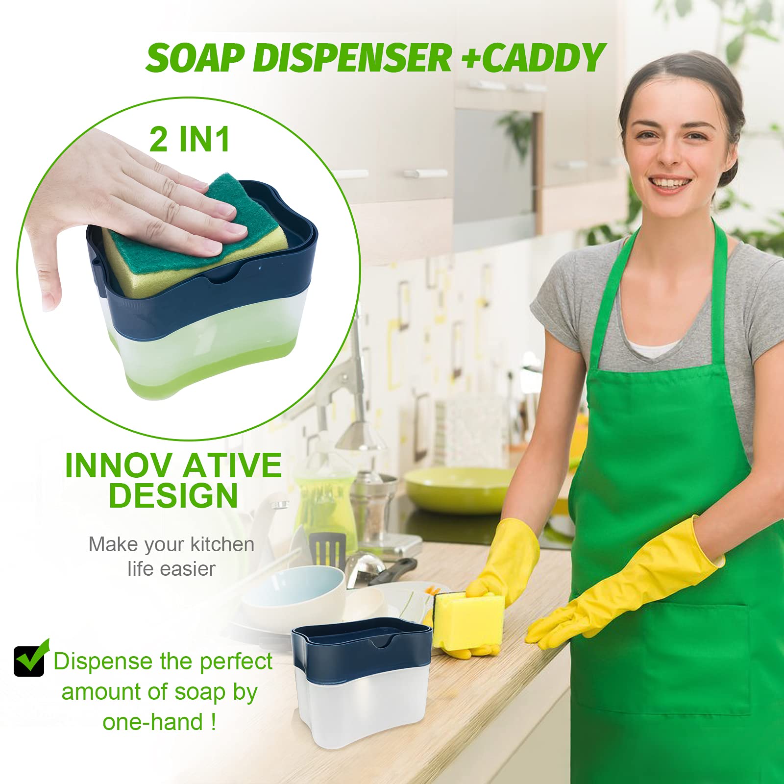 SKY-TOUCH Soap Pump Dispenser and Sponge Holder for your Kitchen Sink, Counter Top Liquid Dish Washing Dispenser