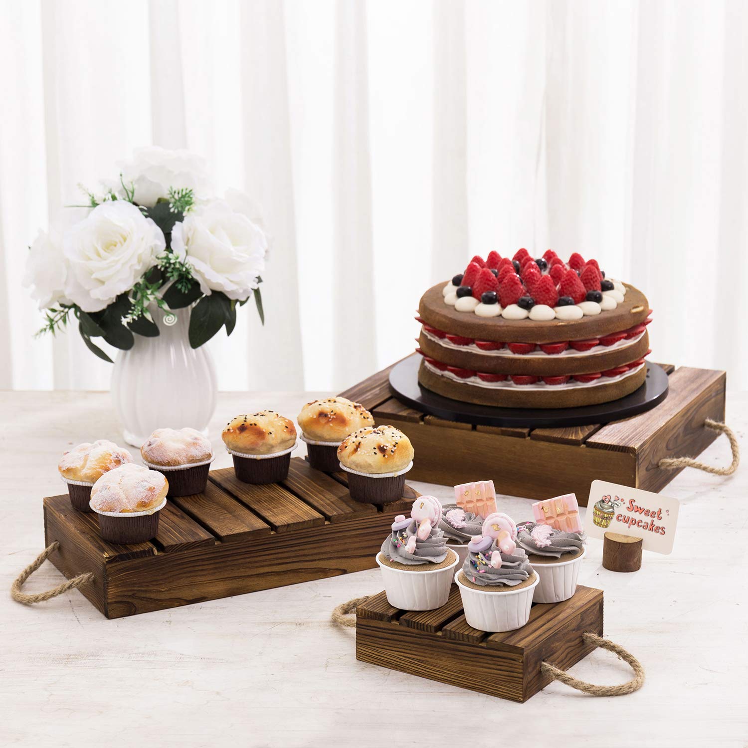 MyGift Burnt Wood Rustic Cake Stand Risers for Display, Wooden Pallets Style Tiered Dessert Stand, Cupcake Display Boxes with Rope Handles, Set of 3