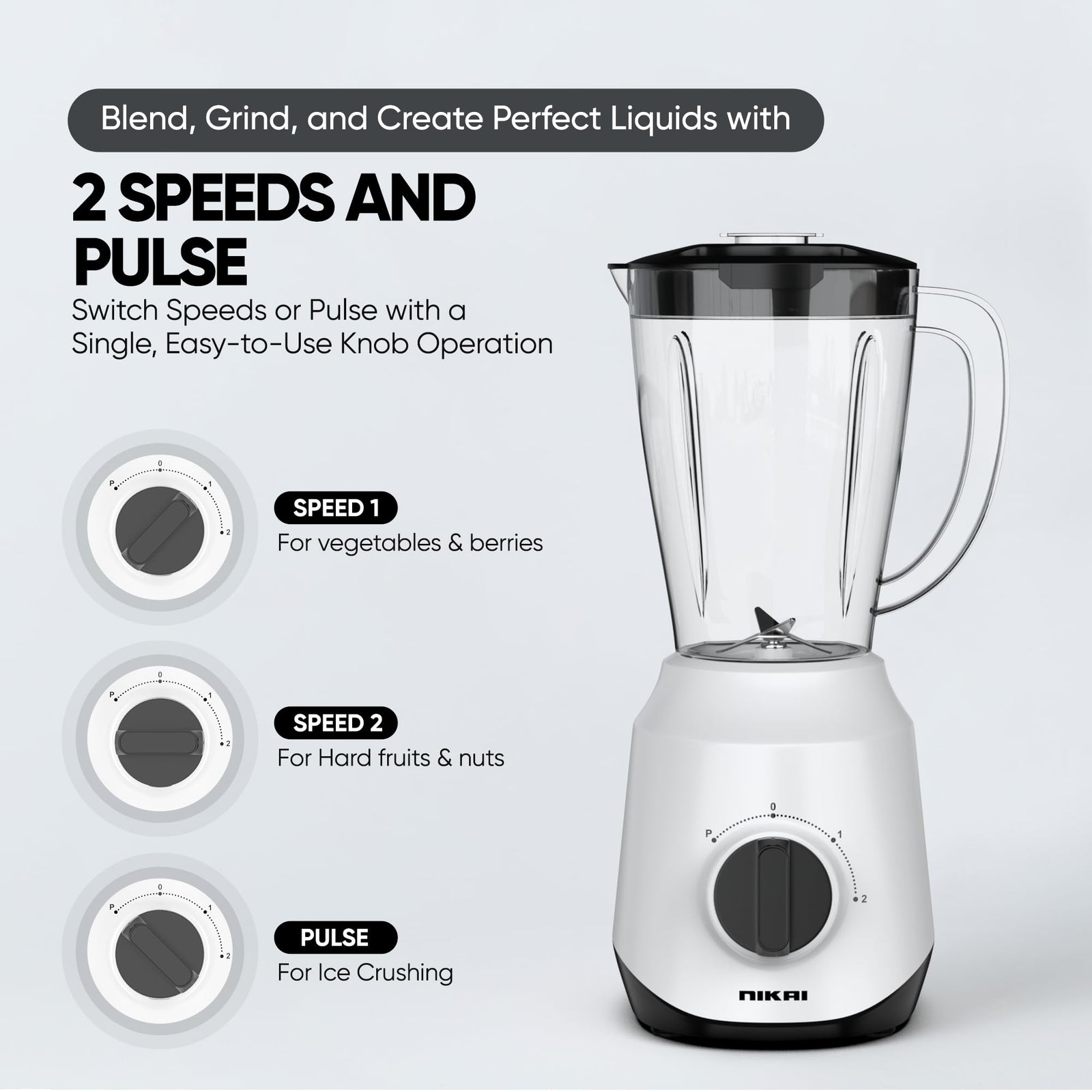 Nikai 450W 2-in-1 Blender 1.5 L Unbreakable PC Jar, 3 Speeds, Stainless Blades, Easy To Clean Detachable Parts, Perfect for Blending and Grinding - NB2511AX