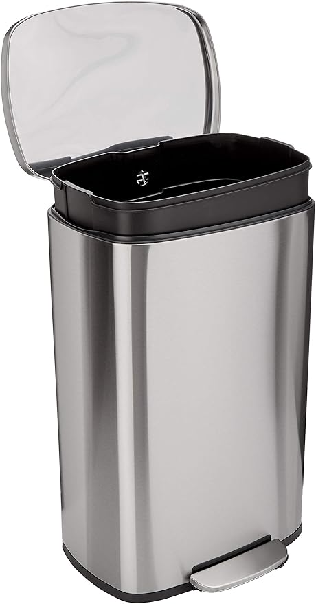 Amazon Basics Smudge Resistant Rectangular Trash Can With Soft-Close Foot Pedal, Brushed Stainless Steel, 50 Liter/13.2 Gallon, Satin Nickel Finish