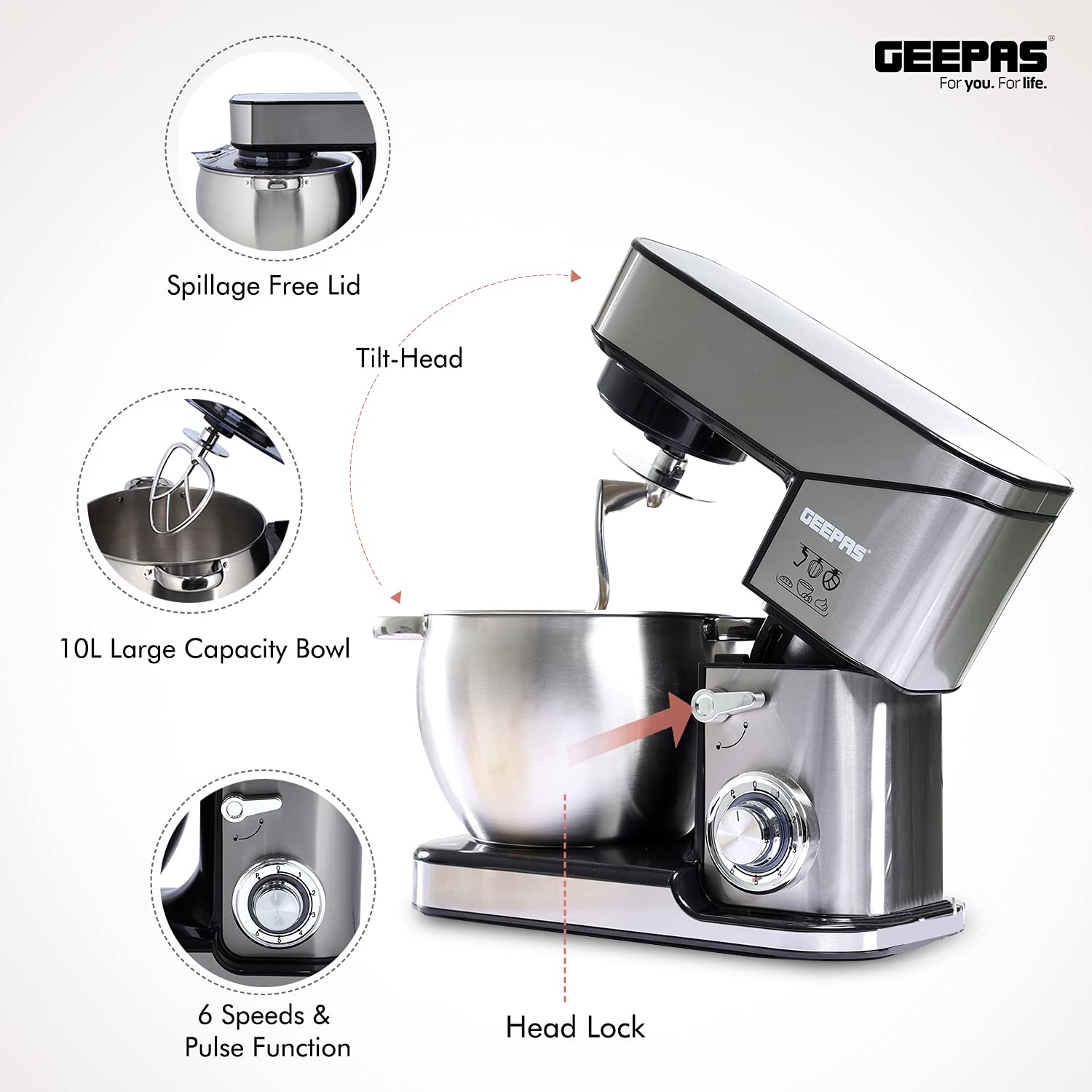 Geepas 2000W Stand Mixer 10L Stainless Steel Mixing Bowl For Bread & Dough, Tiltup Head 6 Speed With Pulse Power Indicator , Multicolor, Gsm43041