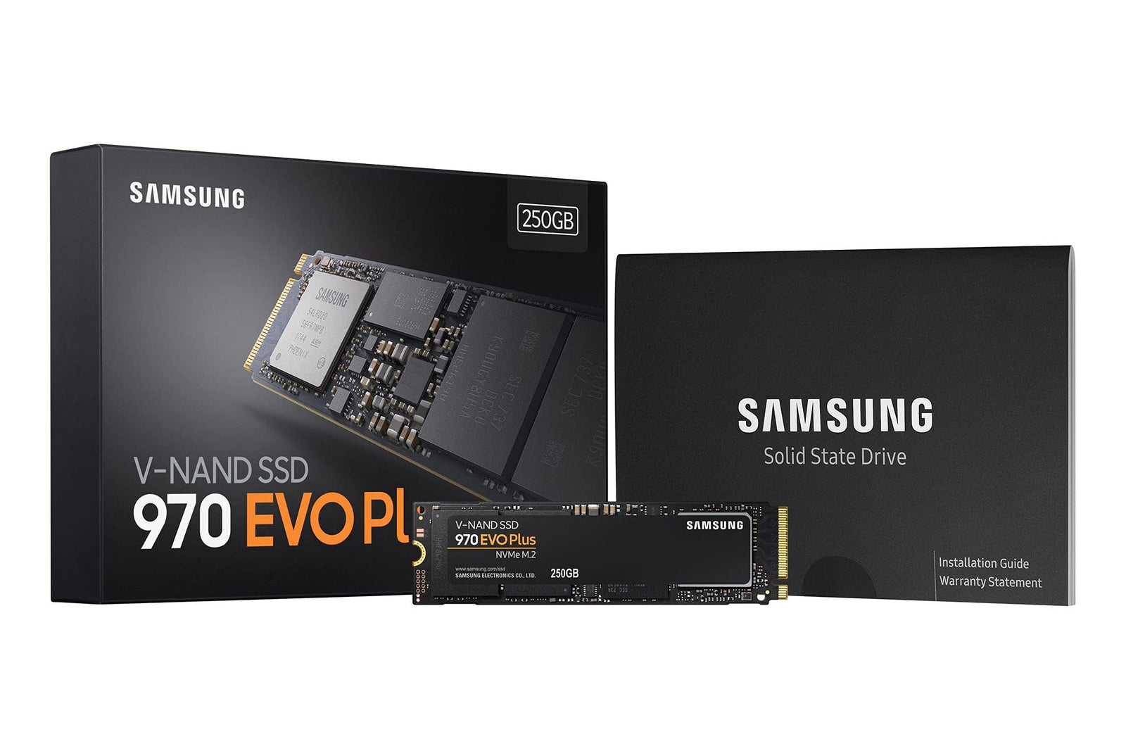 Samsung 970 Evo Plus 250 GB SSD interface M.2 NVME Write speed 2300 MBs Read speed 3500 MBs