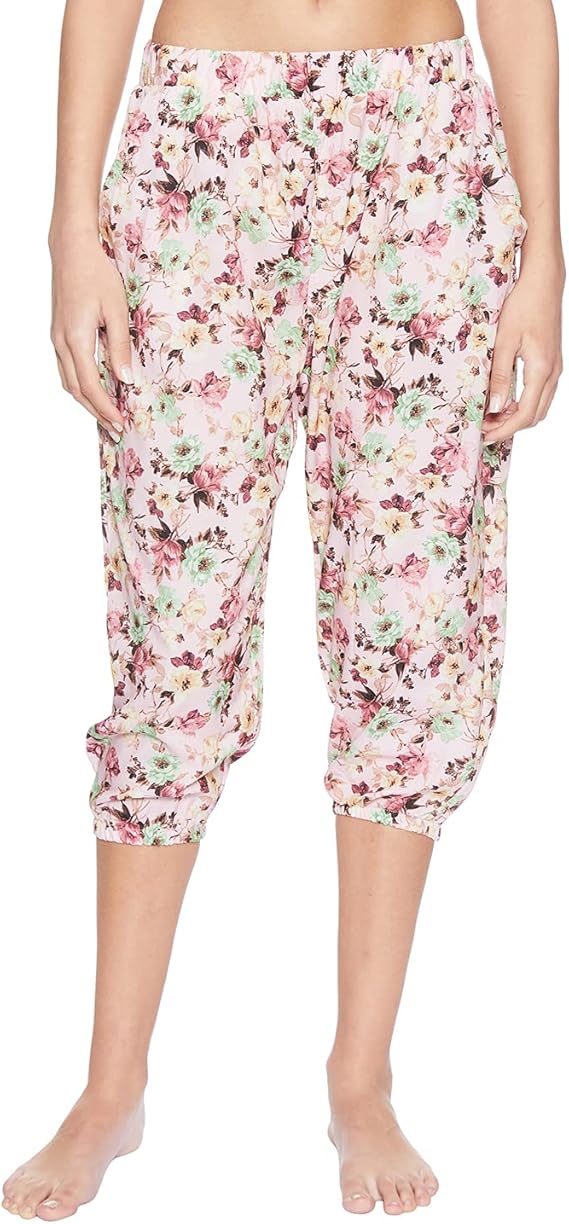 GIT Lycra Printed Spaghetti Straps Top with Three Quarter Pants Pajamas Set for Women - Off White and Pink