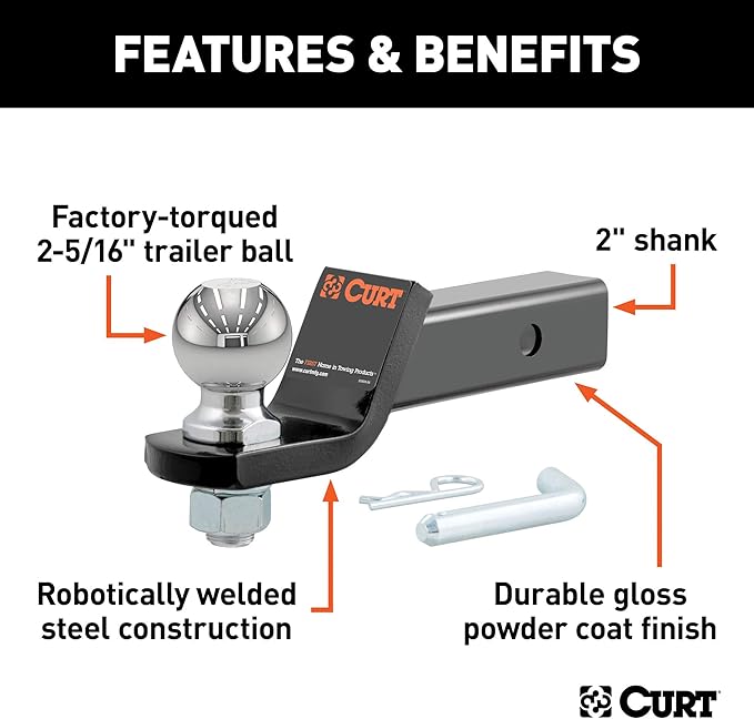 CURT 45041 Trailer Hitch Mount with 2-5/16-Inch Ball & Pin, Fits 2-Inch Receiver, 7,500 lbs, 2-In Drop