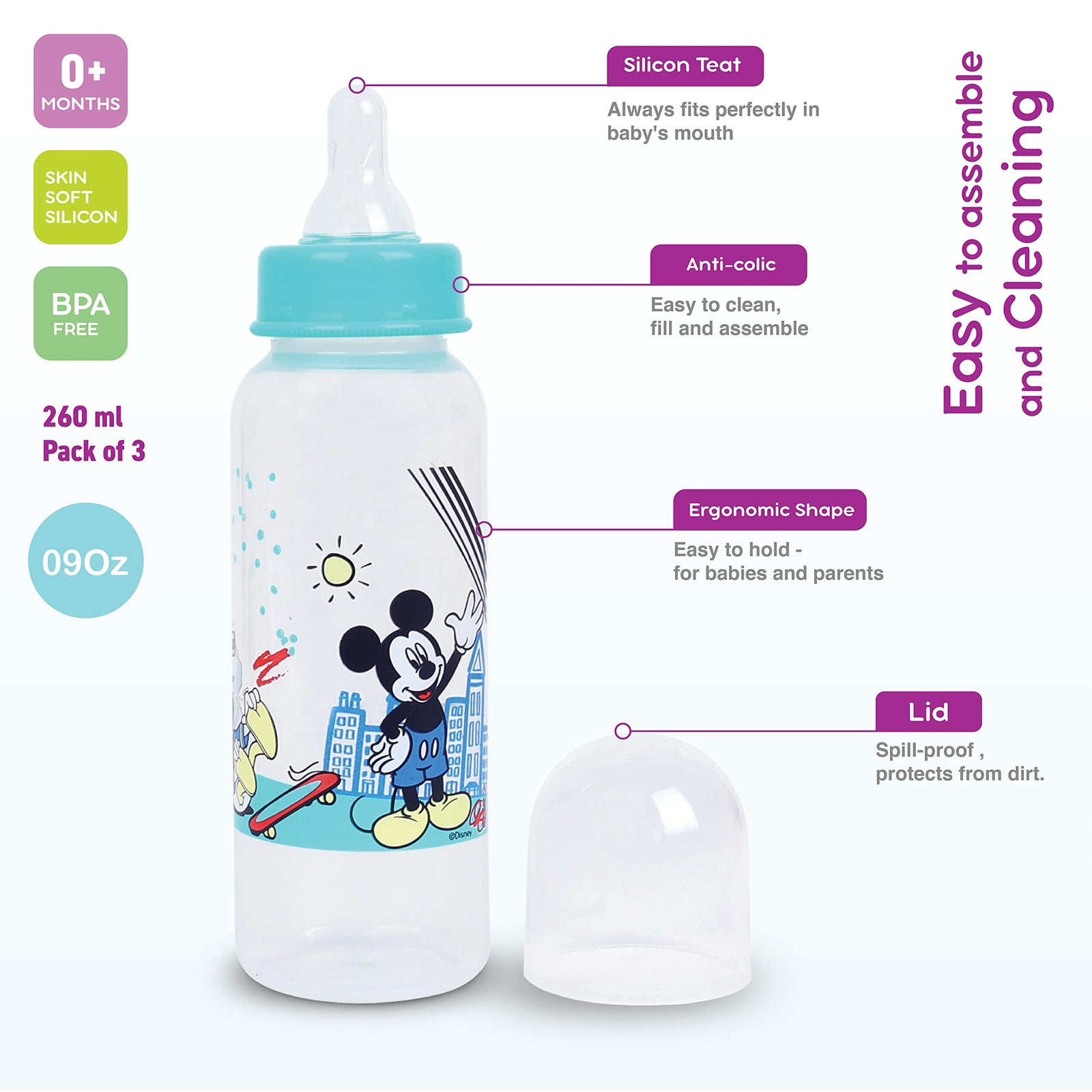 Disney Baby Mickey Mouse Feeding Bottle Set, 0+ Months, 9 oz, 250 ml Pack of 3 Multi Color