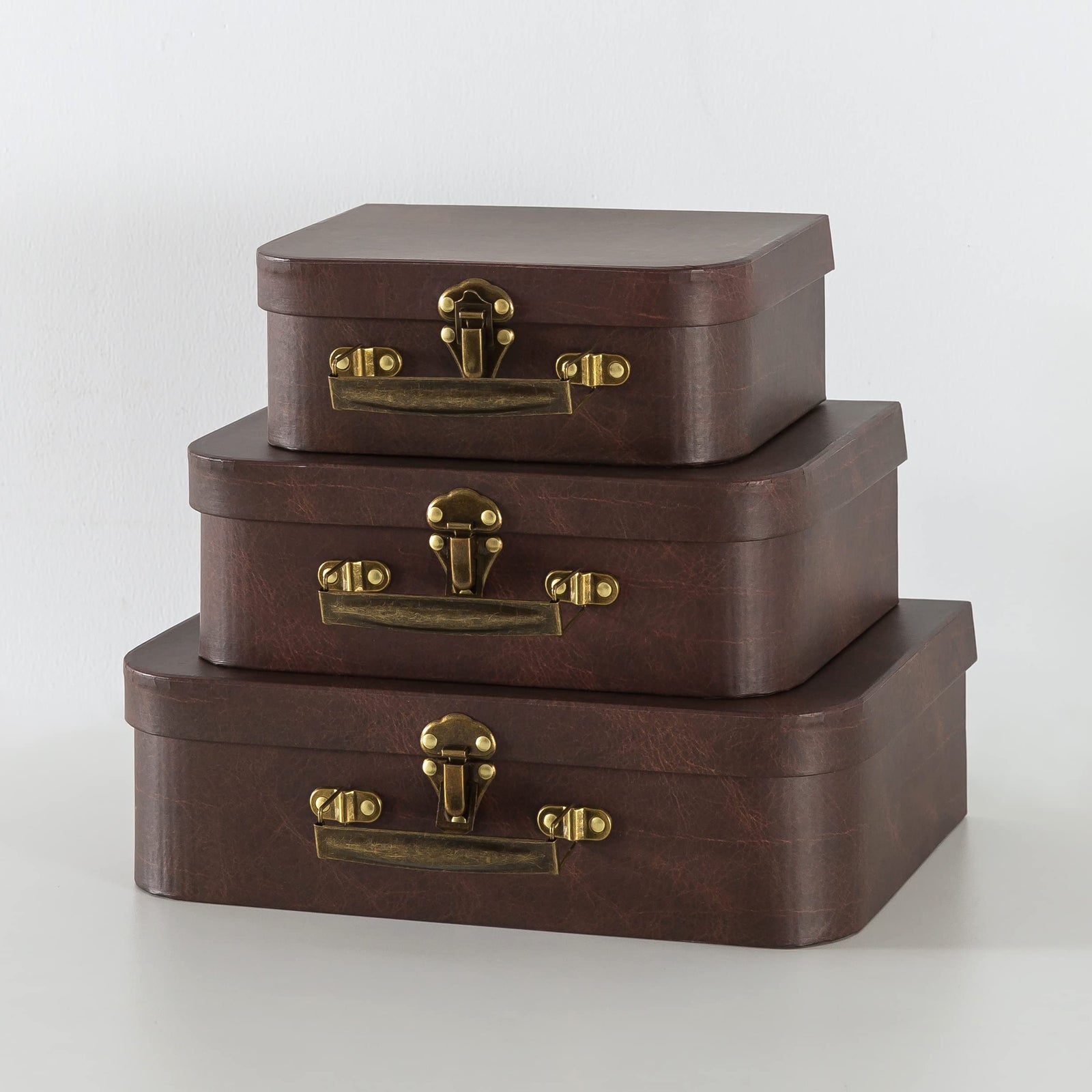 Paperboard Suitcases Set of 3, Brown Leather - Vintage Cardboard Suitcase Decor, Nesting Luggage Decorative Mache Boxes with Hinged Lids and Brass Handle, Mini Suitcases for Centerpieces, Photo Props
