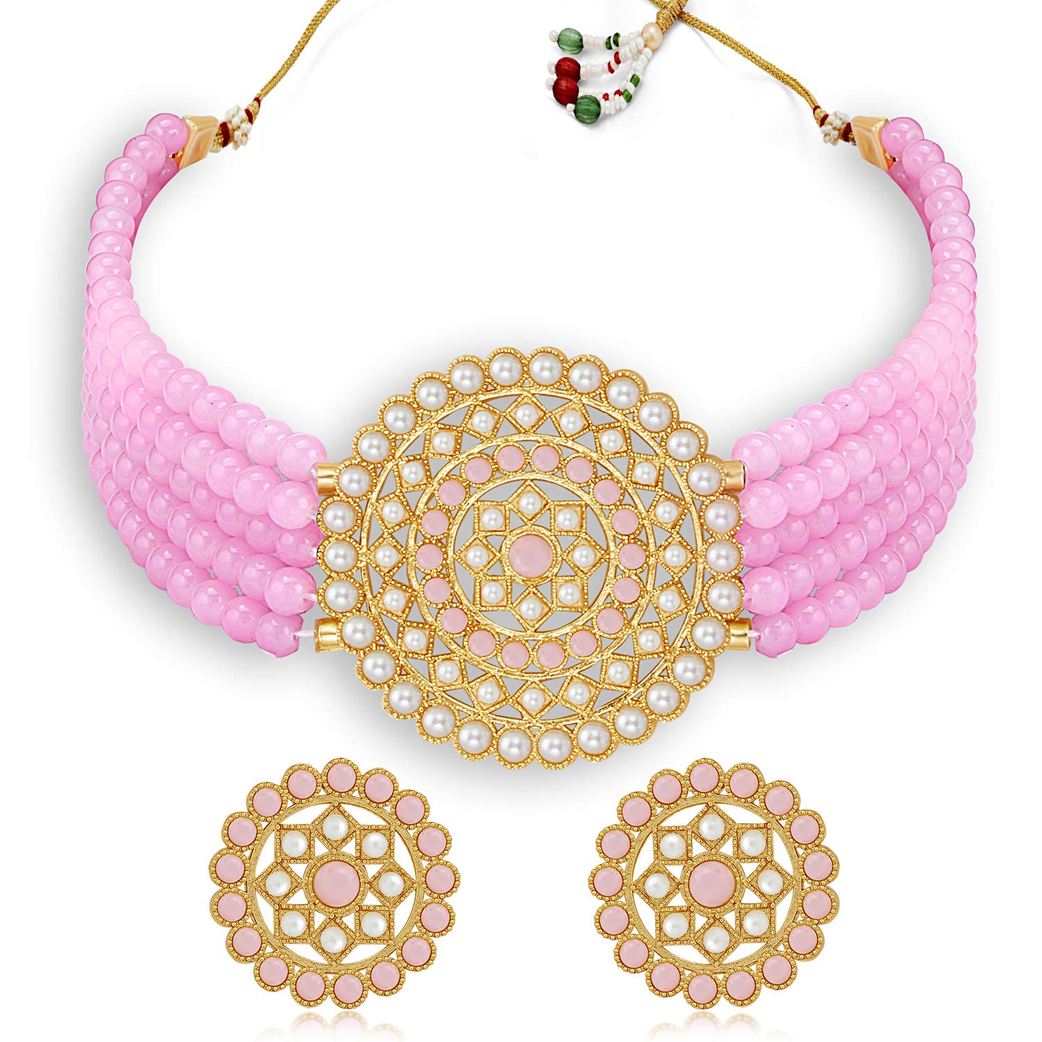 Sukkhi Classic Gold Plated Pastel Pink & White Pearl Choker Necklace Set for Women (SKR70451), free size