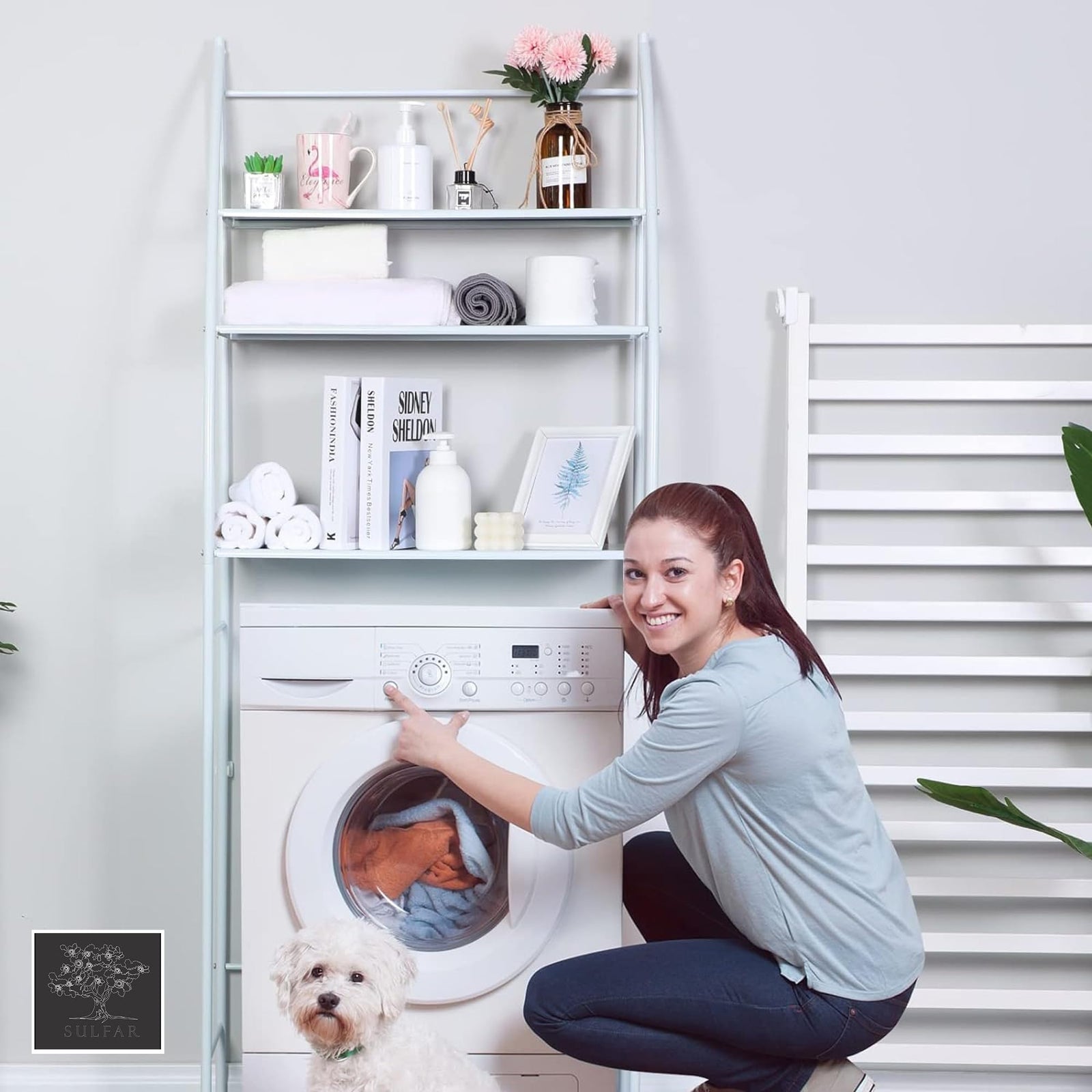 Sulfar 3-Tier Washing Machine Storage Shelf Rack | No-Drill Bathroom Organizer Shelf for Toilet, Sink & Laundry Area | Space-Saving Stand – White 25x65x166cm (1pc)