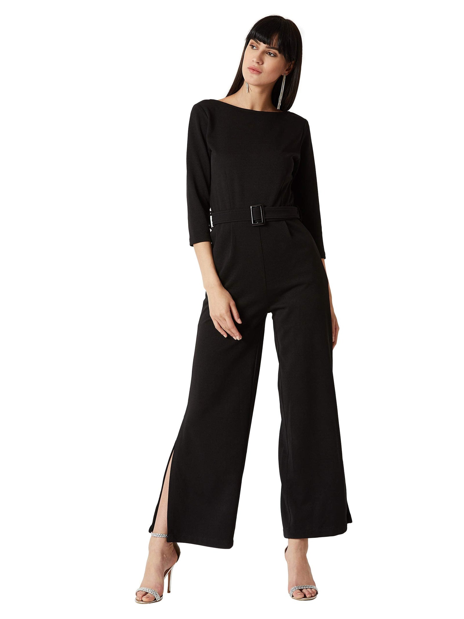 Miss Olive Women's Regular Fit Shirt Style Solid Jumpsuit.Black.M