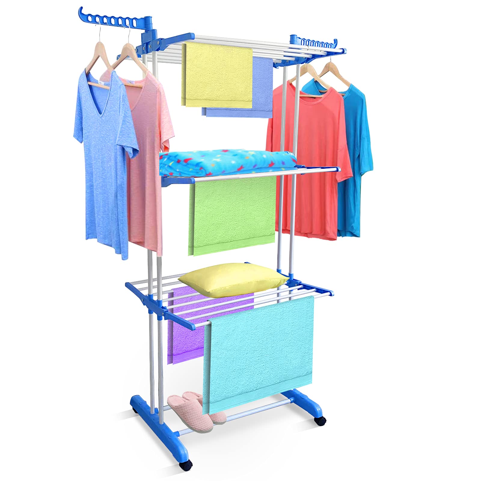 SKY-TOUCH 3 Layers Clothes Drying Rack Folding Clothes Rail Of Clothes Hanger, Adjustable Stainless Steel Hanger With Two Side Folding Wings For Indoor And Outdoor, Blue