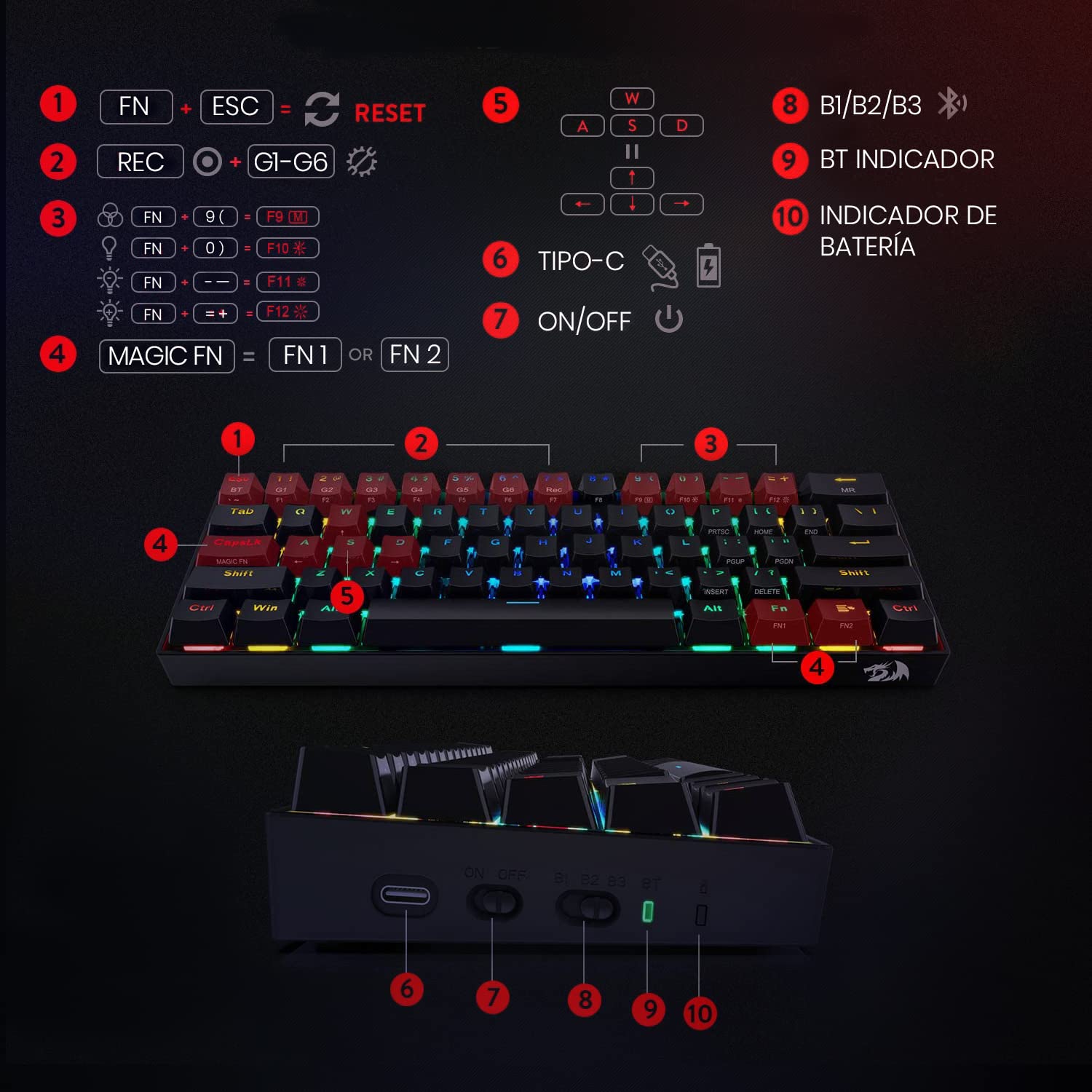 Redragon K530 Draconic 60% Compact Rgb Wireless Mechanical Keyboard, 61 Keys Tkl Designed 5.0 Bluetooth Gaming Keyboard With Brown Switches And 16.8 Million Rgb Lighting For Pc, Laptop, Cell Phone