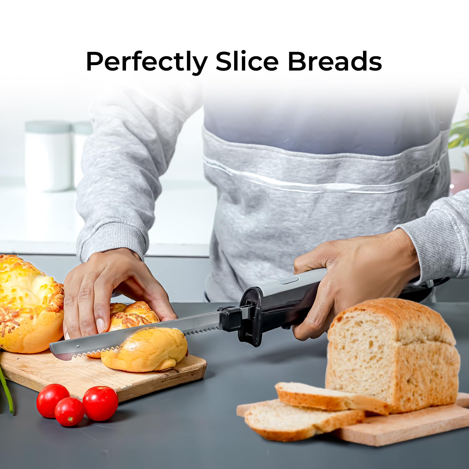 Geepas 150W Electric Knife – Serrated Carving Knife - Can Cut Turkey, Meat, Bread, Vegetables, Fruits, Ham, and Cooked Beef – Single Start Button & Eject Button – (Black & Grey)
