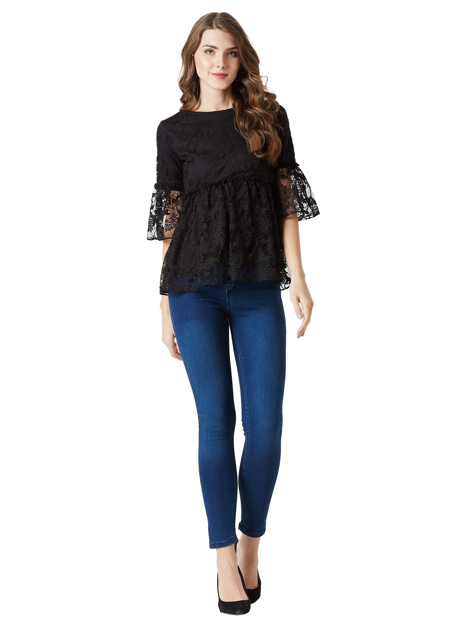 Miss Olive Women Solid 3/4Th Sleeves Ruffled Lace Top (Moaw19Tp30)