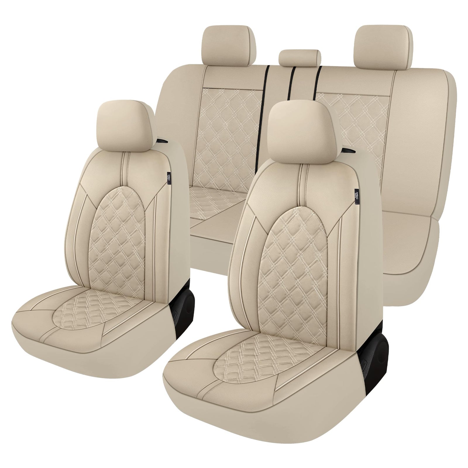 CAROMOP Luxury Leather Car Seat Covers Full Set-Waterproof Seat Protectors with Split Bench Seat Covers for Cars-Universal Cars Interior Covers for Sedans, SUVs, Pick-up Trucks(Beige/Beige Line)