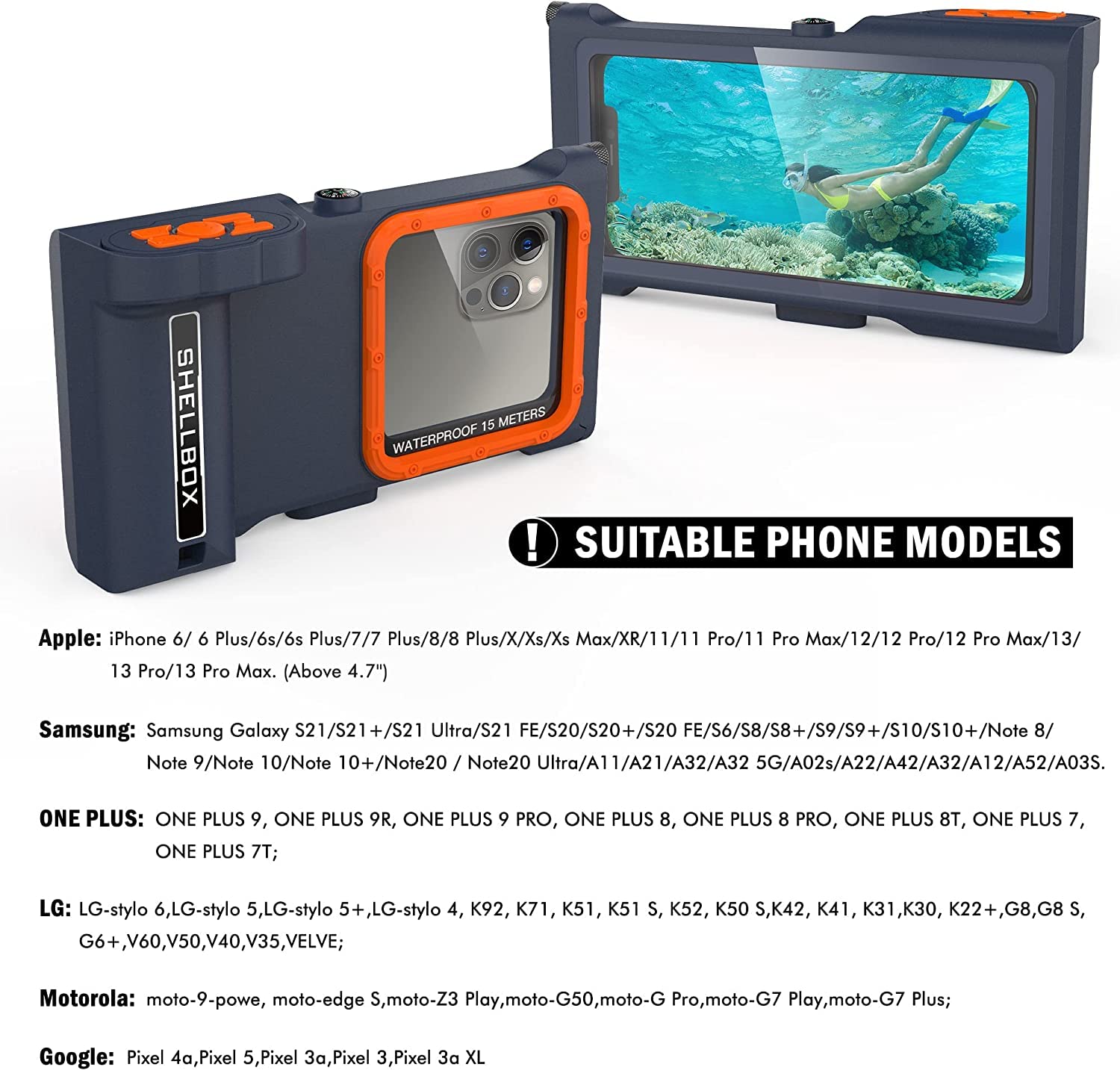 Underwater Snorkeling Diving Waterproof Phone Case for iPhone Samsung Galaxy LG Huawei Series Smartphone Below 6.7inch Universal, Bluetooth Connection Control Cameras Zoom Video with APP (Blue-Orange)