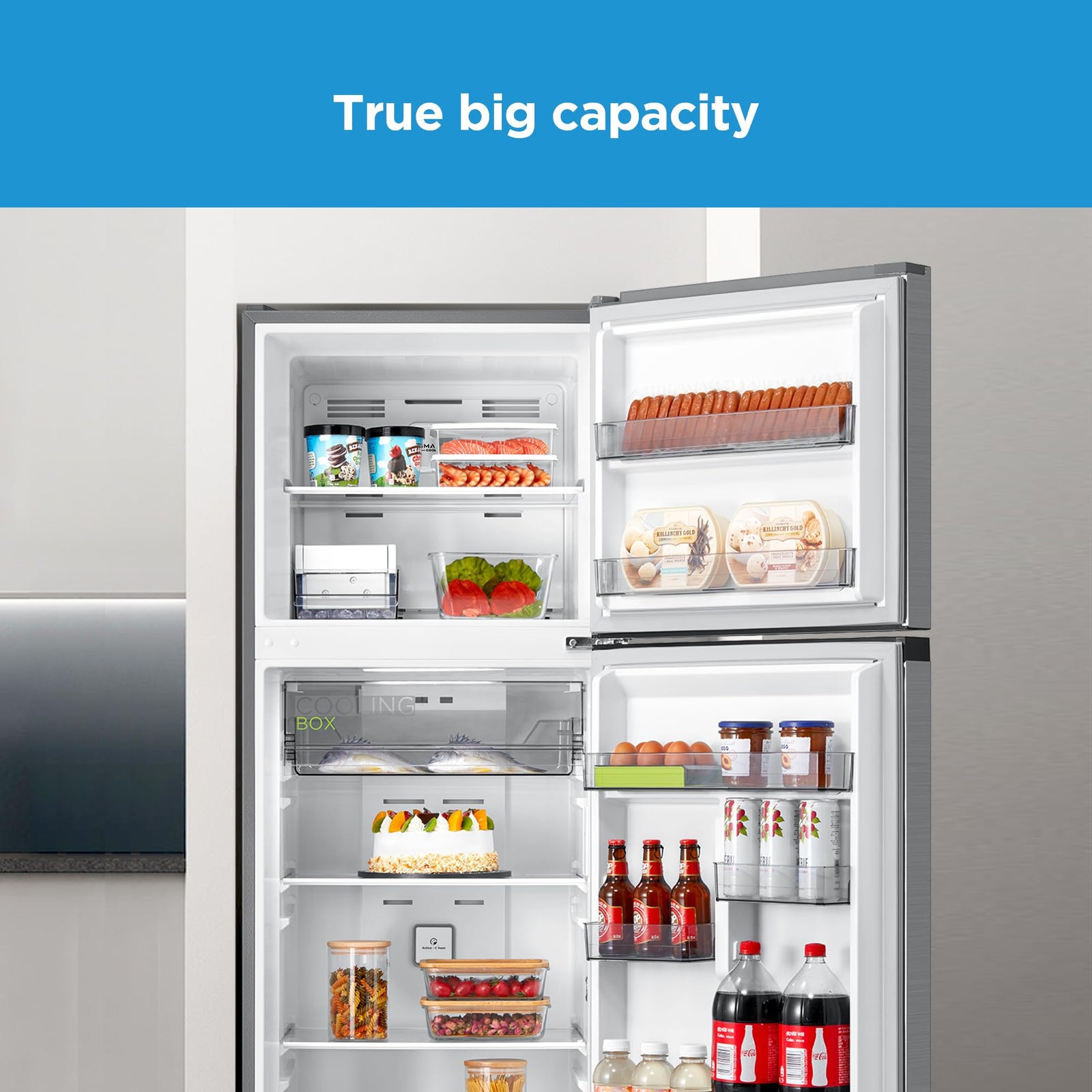 Midea 489L Gross Top Mount Double Door Refrigerator MDRT489MTE46, 2 Doors Frost Free Fridge Freezer With Smart Sensor & Humidity Control, Active-C Fresh, Multi-Air Flow, Electronic Control, Silver