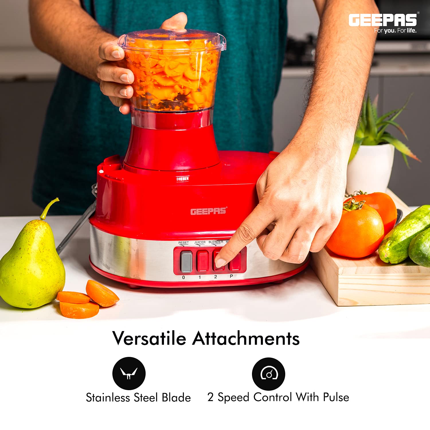 Geepas 4-in-1 multi-function food processor | electric blender juicer, 2-speed with pulse function & safety interlock 800w |juicer, blender, mixture coffee mill included- assorted