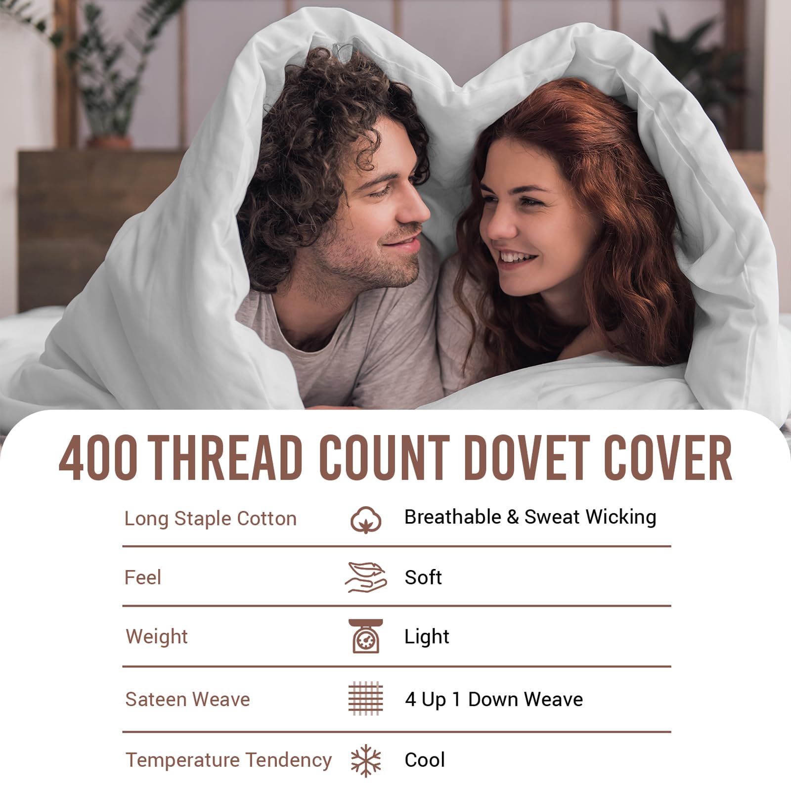 Pizuna Pure Combed Cotton King Duvet Cover 260x220 cm, White, 400 Thread Count Cool Breathable 100% Long Staple Cotton Sateen Weave Quilt Cover with 2 Pillowcases (Cotton Bedding Set)