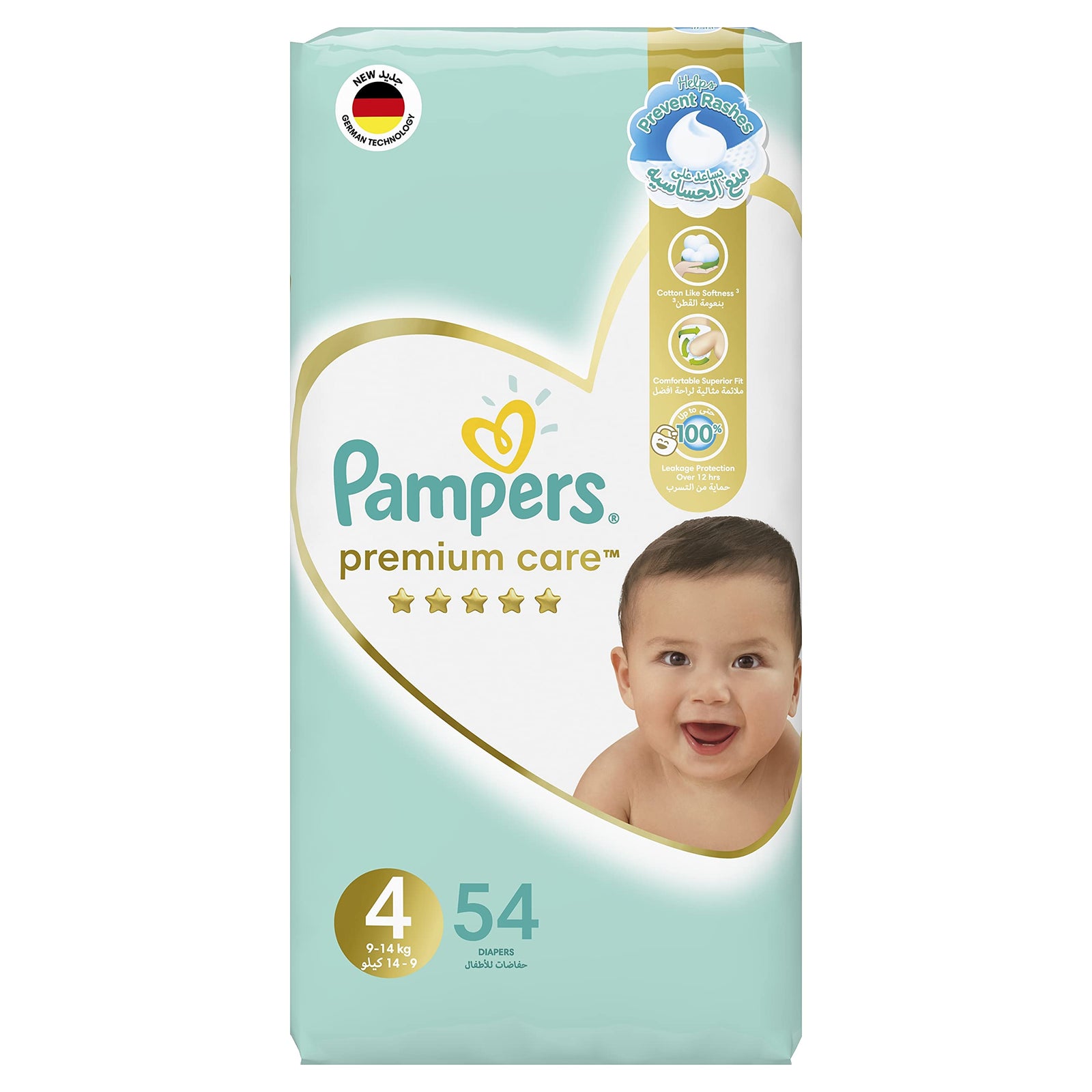 Pampers Premium Care Taped Baby Diapers, Size 4, 9-14 kg, Unique Softest Absorption for Ultimate Skin Protection, 54 Count