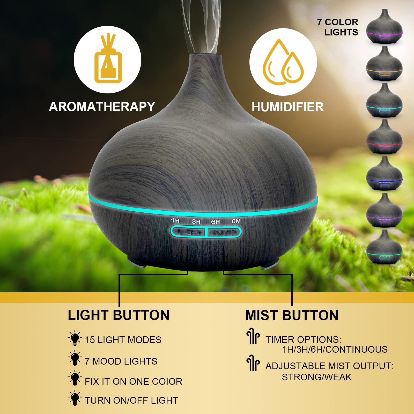 SKY-TOUCH Essential Oil Diffuser, 550ml Oil Diffuser with 4 Timer, Aromatherapy Diffuser with Auto Shut-off Function, Cool Mist Humidifier BPA-Free for Bedroom Home (Dark Brown)