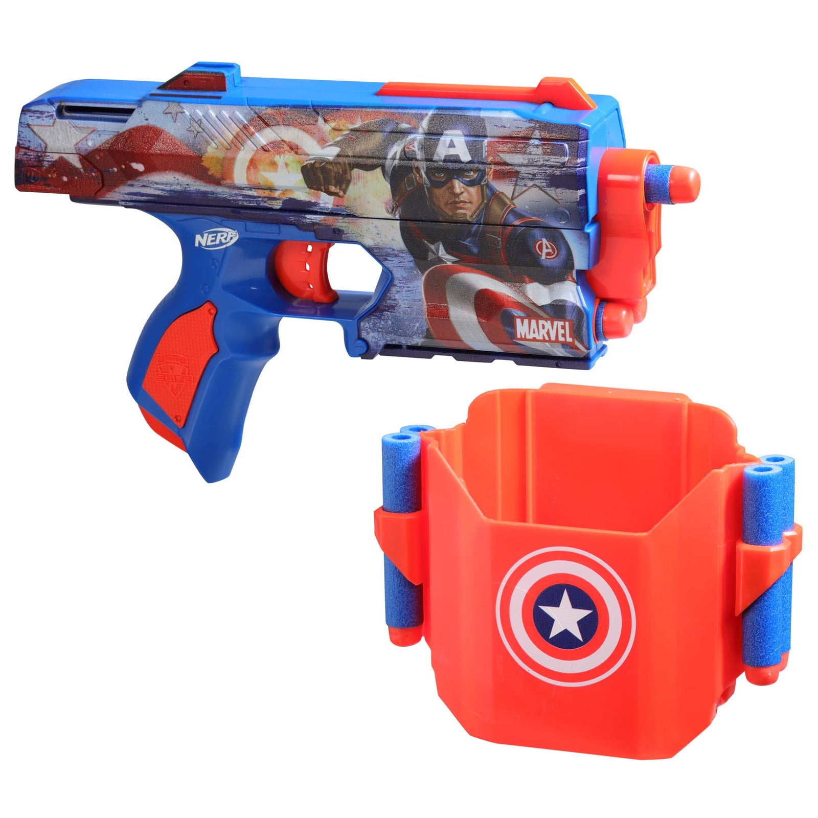 Nerf Marvel Captain America Dart Blaster, 10 Nerf Elite Darts, Holster, Toy Foam Blasters for 8 Year Old Boys & Girls