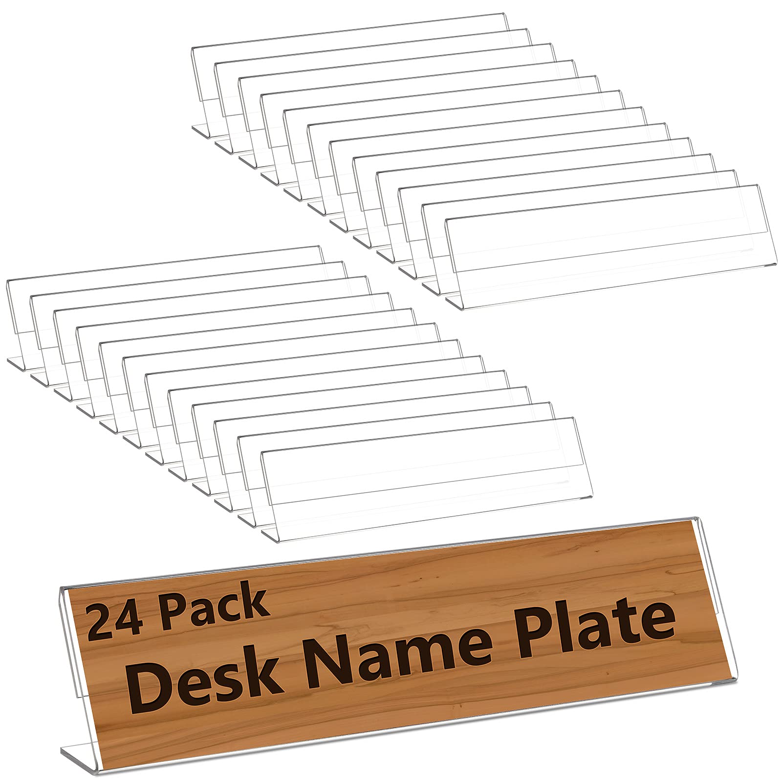 24 Pieces Acrylic Name Plates for Desks, 2 x 8 Inches Clear Slant Back Sign Holder Stand Table Display, License Label Tents Frame Office, Classroom