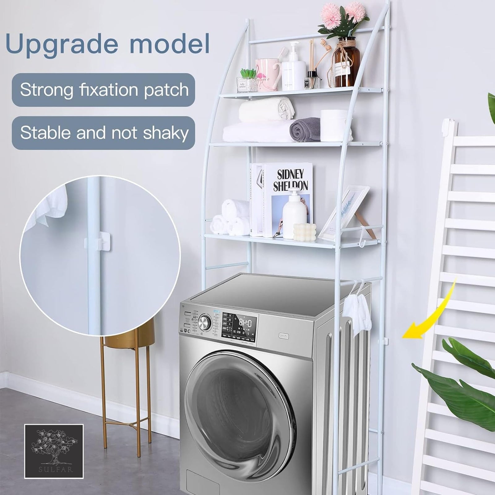 Sulfar 3-Tier Washing Machine Storage Shelf Rack | No-Drill Bathroom Organizer Shelf for Toilet, Sink & Laundry Area | Space-Saving Stand – White 25x65x166cm (1pc)