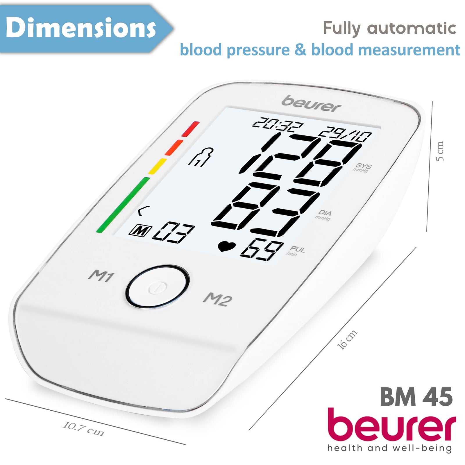 Beurer BM 45 Automatic Blood Pressure Monitor, Clinically Validated, Blood Pressure Machine with Arrhythmia Detection & Colour-Coded Risk Indicator according to WHO standards