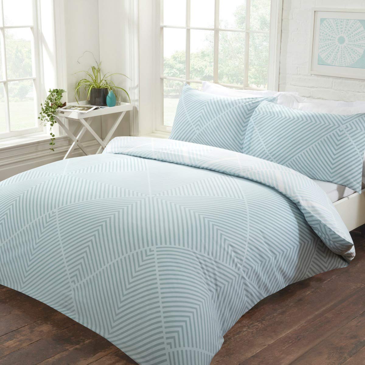 Sleepdown Striped Geometric Duck Egg Reversible Easy Care Duvet Cover Quilt Bedding Set with Pillowcases-Double (200cm x 200cm), Cotton Mix, Duckegg