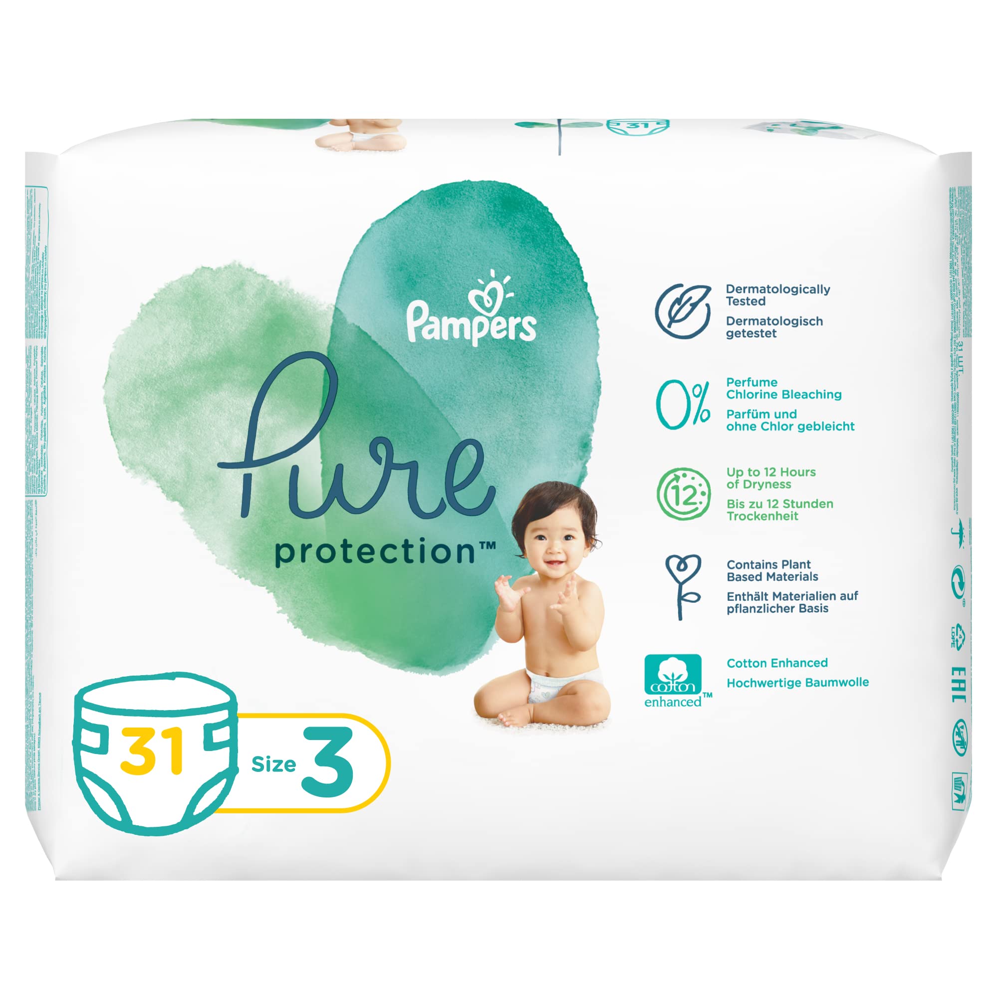 Pampers Pure Protection Dermatologically Tested Diapers, Size 3, 6-10kg, 31 Diaper Count