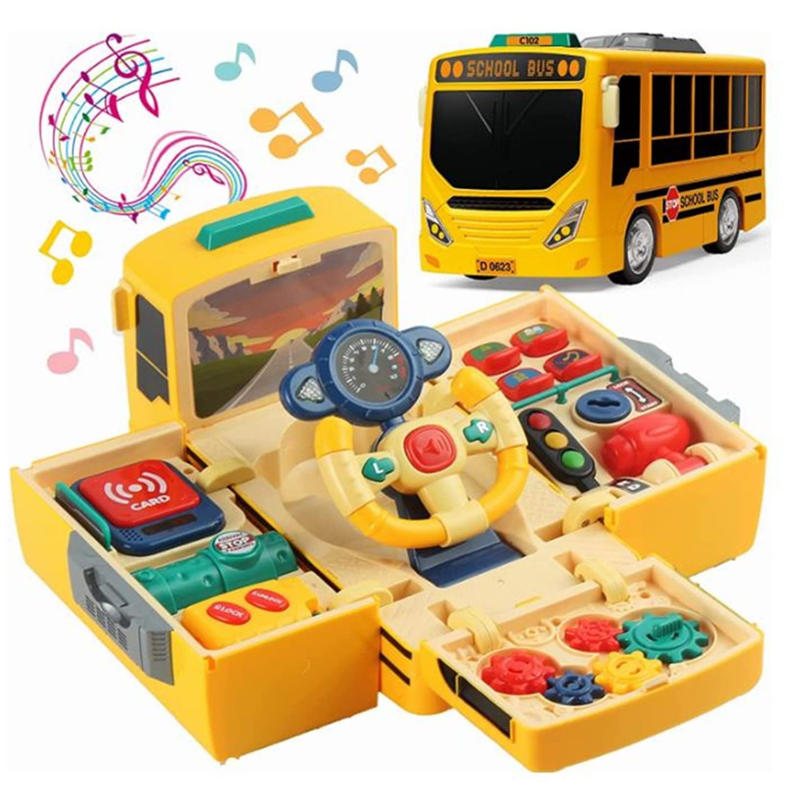 School Bus Toy with Sound and Light Simulation Steering Wheel Gear Toy Musical School Bus Toy for Toddler, Educational Bus Driving Toy Multifunction Preschool Gift Children Boy Girl Toy (Yellow)