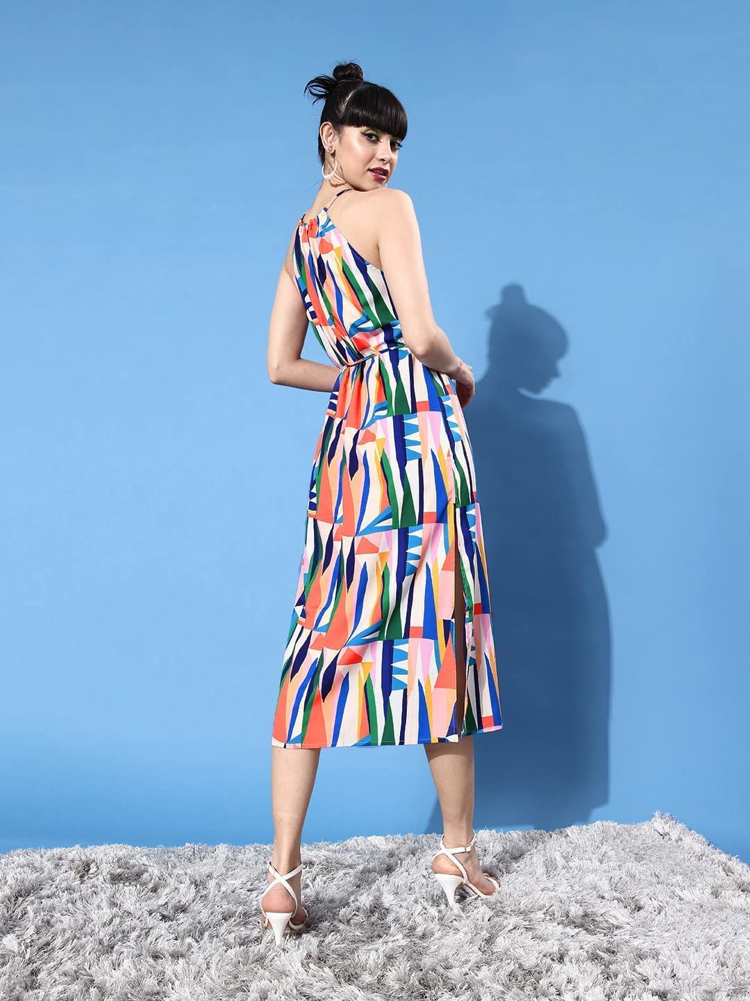 Krave Off White & Blue Halter Neck Crepe Midi Dress.MULTICOLOR.