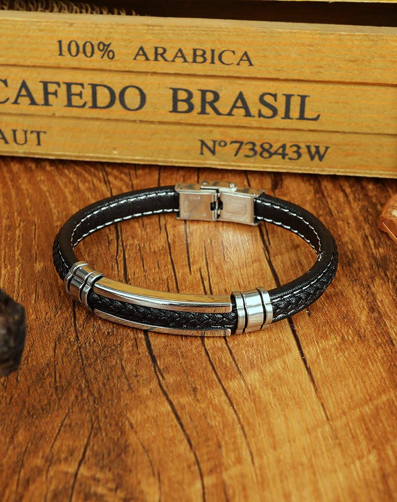 Mens Black Blue Leather Bracelet Silver Stainless Steel For Teen Boys Adjustable Buckle Bracelets Pulseras Para Hombre Different Size For Small Big Wrist