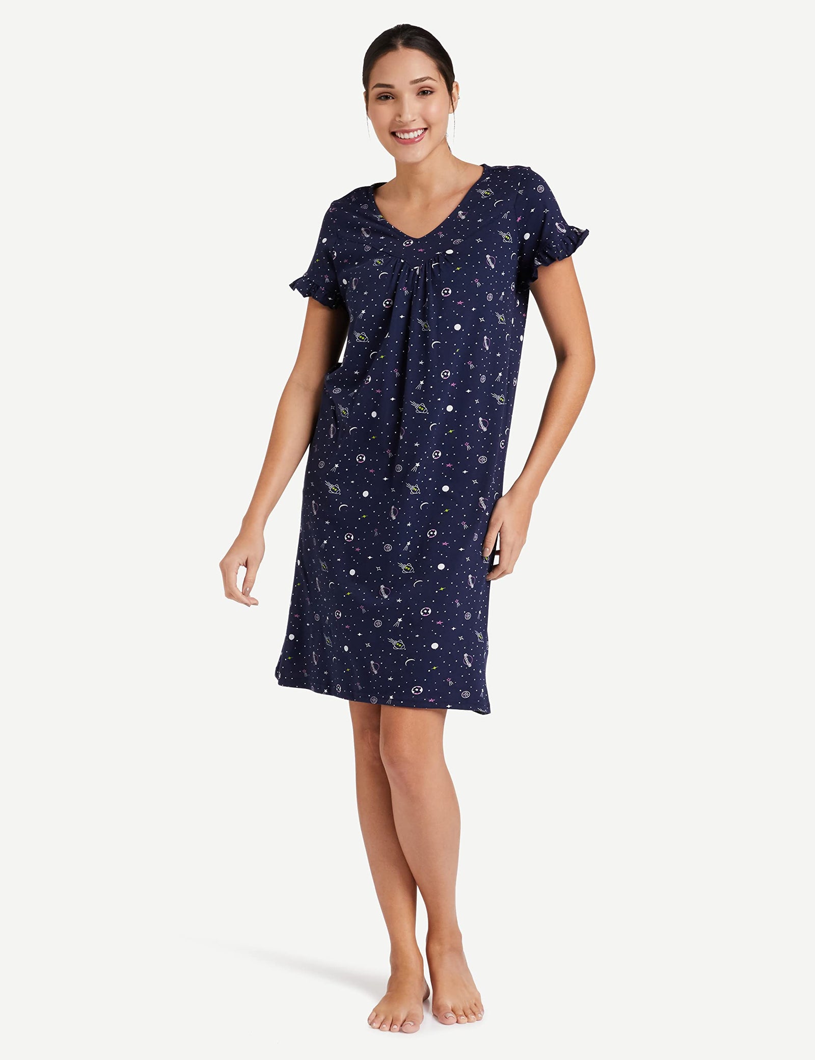 Amazon Brand - Eden & Ivy Women's Cotton All Over Print Knee Length Nightdress Nightgown (EI-AW20DR01-SC-10)