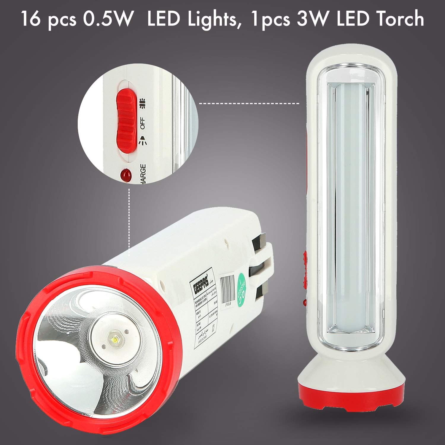 Geepas GFL4663 3W Rechargeable LED Torch with 8W Emergency Lantern, Plastic