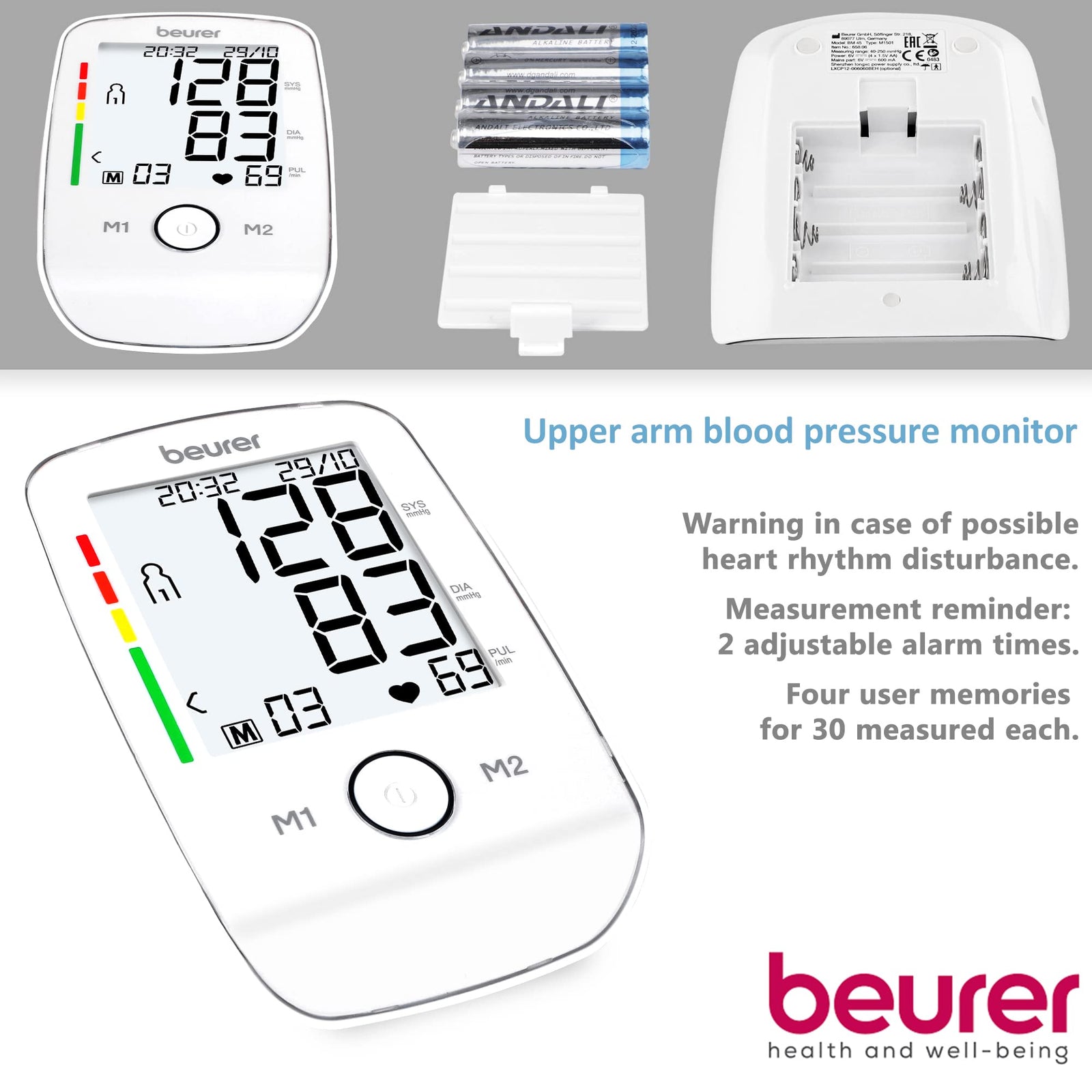 Beurer BM 45 Automatic Blood Pressure Monitor, Clinically Validated, Blood Pressure Machine with Arrhythmia Detection & Colour-Coded Risk Indicator according to WHO standards