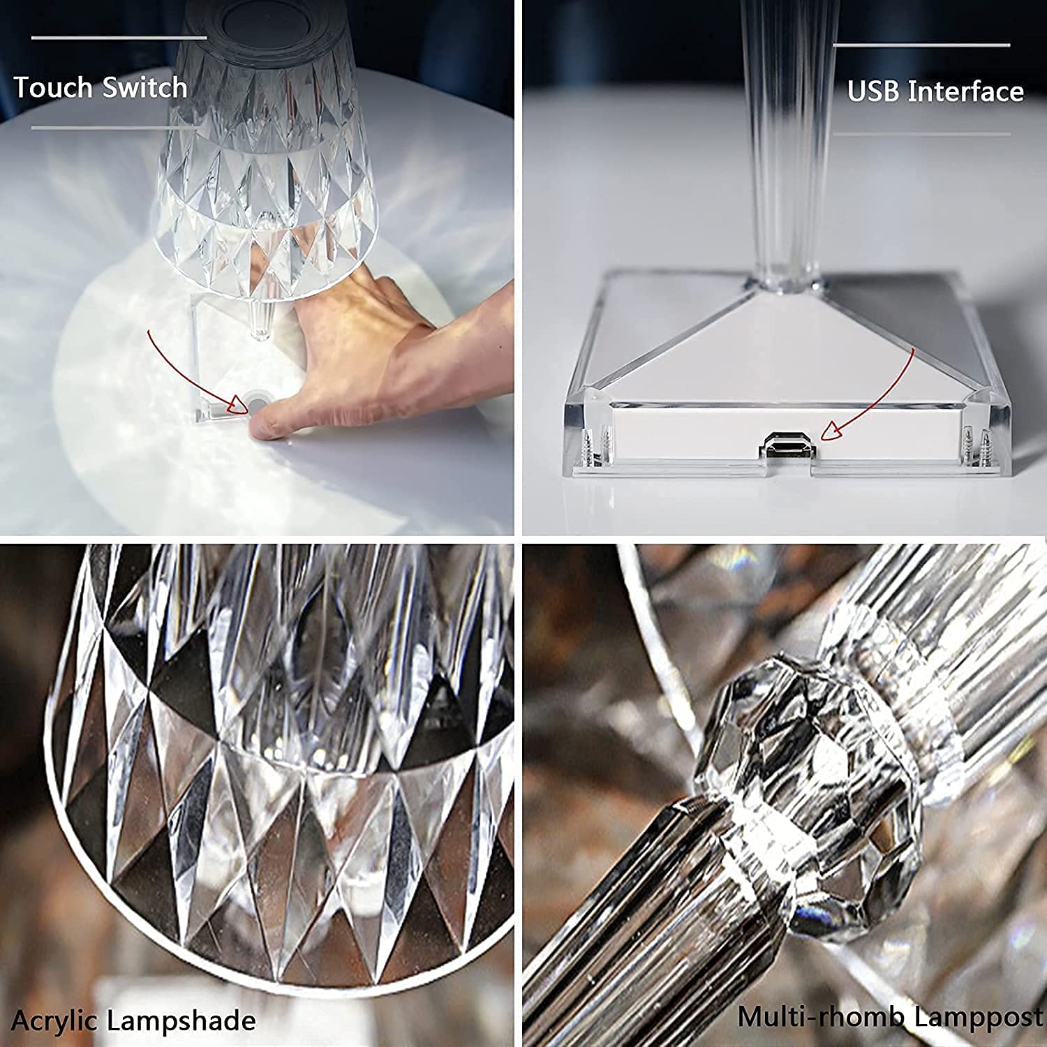 Touch Crystal Diamond Table Lamp, Romantic LED Night Light Modern Gift Relax Bedside Lamp with USB Charging Port Decoration Desk Nightstand Lamps for LivingRoom/Bedroom/Study Room/Office/Bar