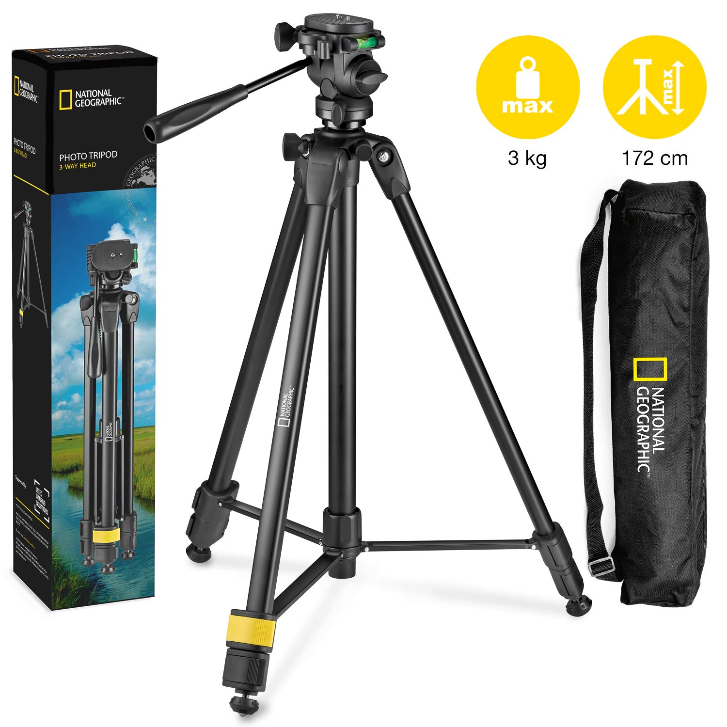 National Geographic Photo Tripod Kit With Monopod, Carrying Bag, 3-Way Head, Quick Release, 3-Section Legs Lever Locks, Geared Centre Column, Load Up 3Kg, Aluminium, For Canon, Nikon, Sony, Nghp004