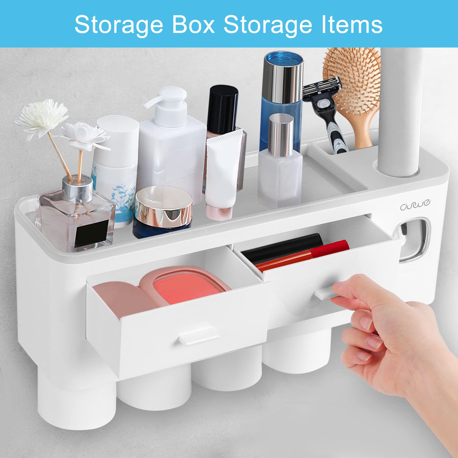 SKY-TOUCH Toothbrush Holders,Toothbrush Rack,Wall Mounted Multifunctional Space-Saving Toothbrush and Toothpaste Holder with Automatic Toothpaste Dispenser,for Washroom and Bathroom,4 Cups