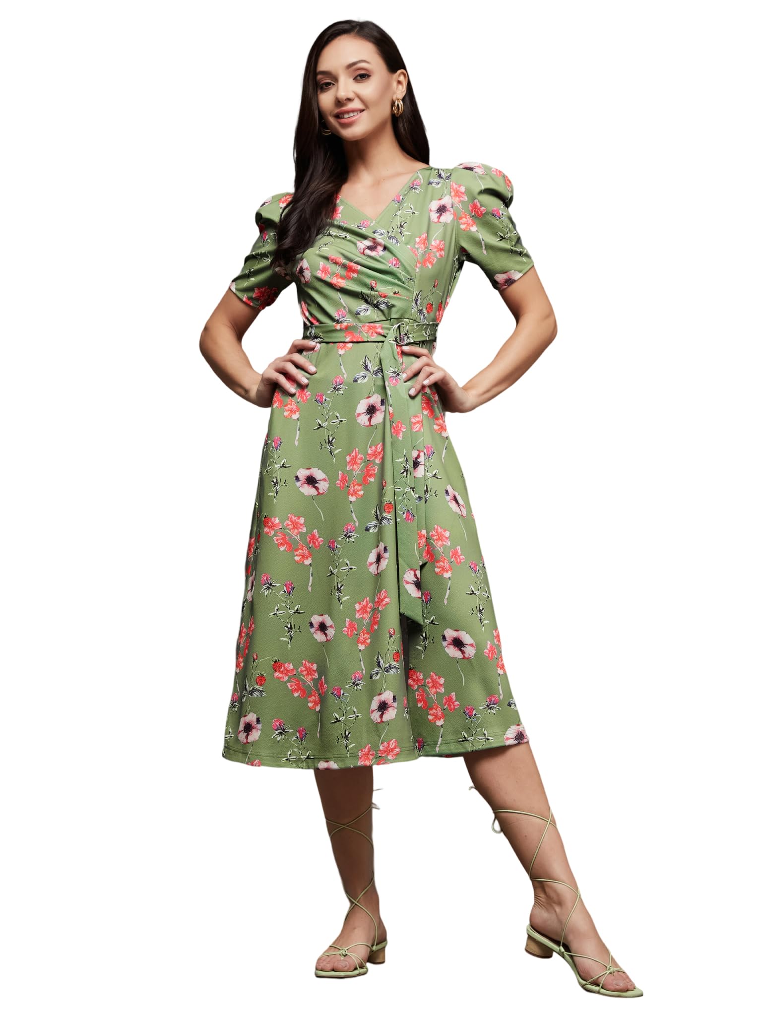 Miss Olive Women's Relaxed Fit Midi Polyester Dress (MOAW22D31-30-166).Multicolored-Base-Green.L