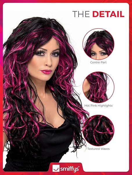 Smiffys Women's Long And Curly Wig With Pink And Black Streaks, One Size, Gothic Bride Wig,5020570230527