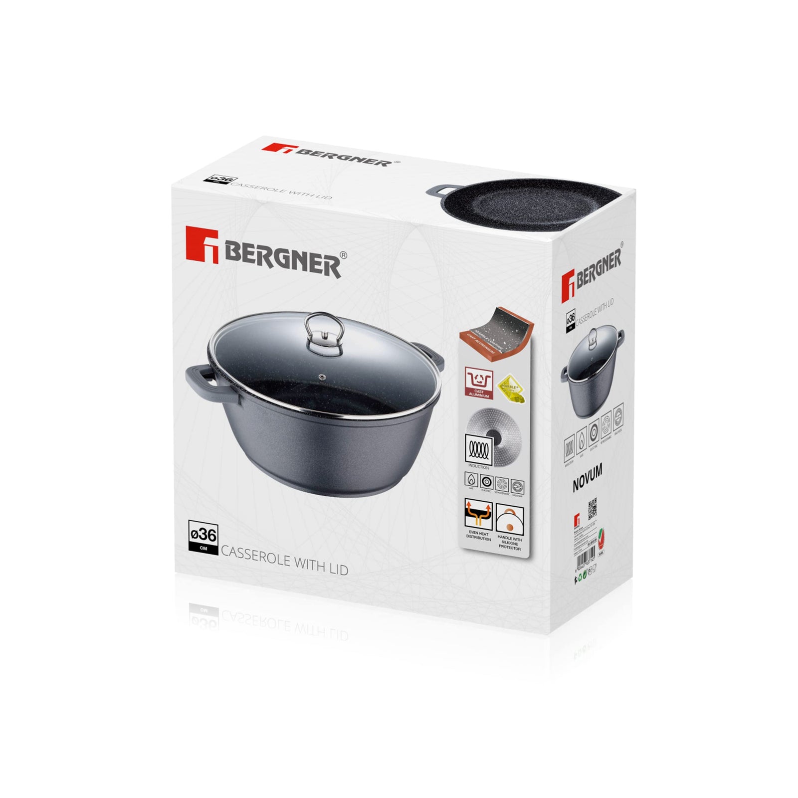 BERGNER CLASSIC NOVUM CASSEROLE WITH LID 36X16CM, ALUMINUM, INDUCTION BOTTOM, MARBLE+ NON STICK COATING, Black