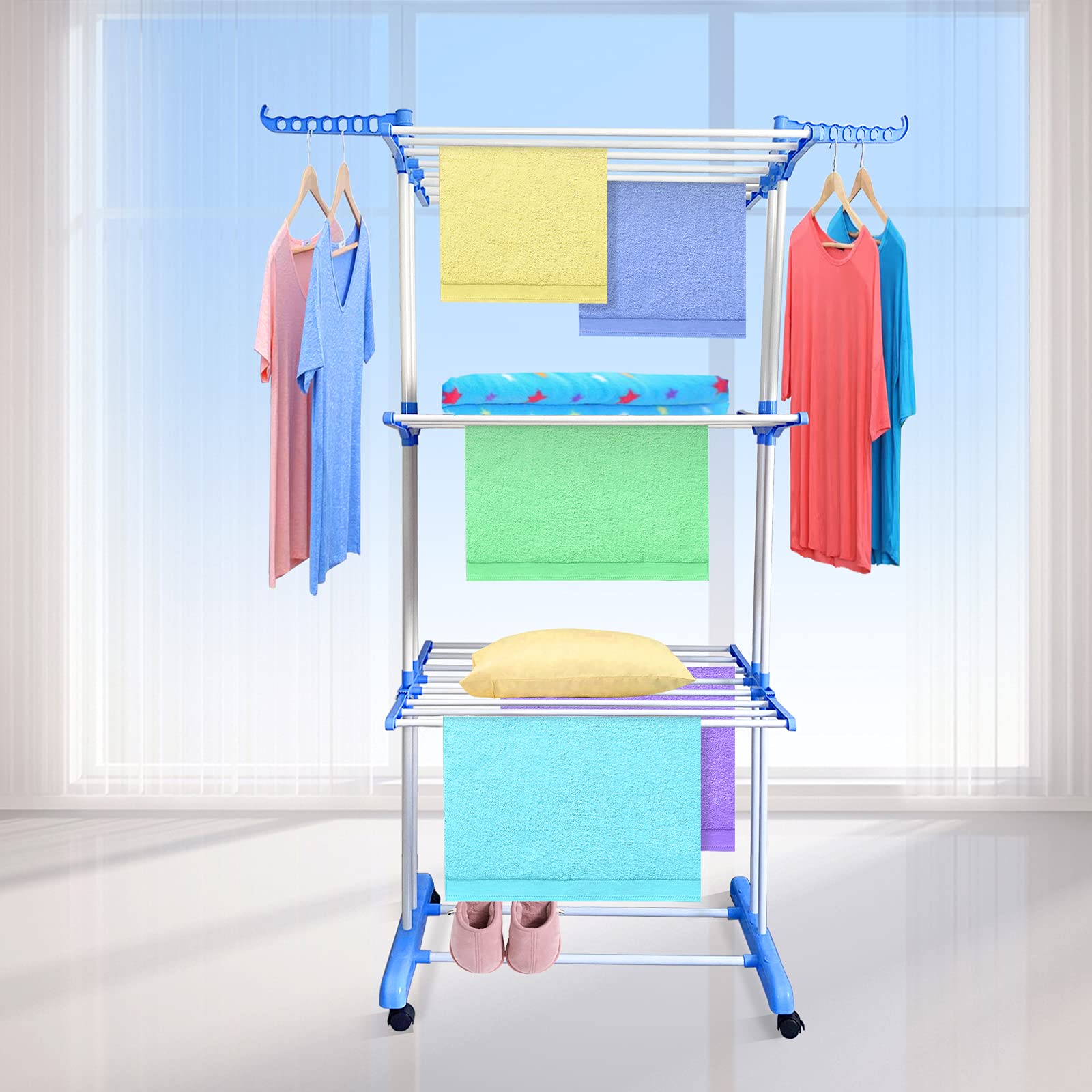 SKY-TOUCH 3 Layers Clothes Drying Rack Folding Clothes Rail Of Clothes Hanger, Adjustable Stainless Steel Hanger With Two Side Folding Wings For Indoor And Outdoor, Blue