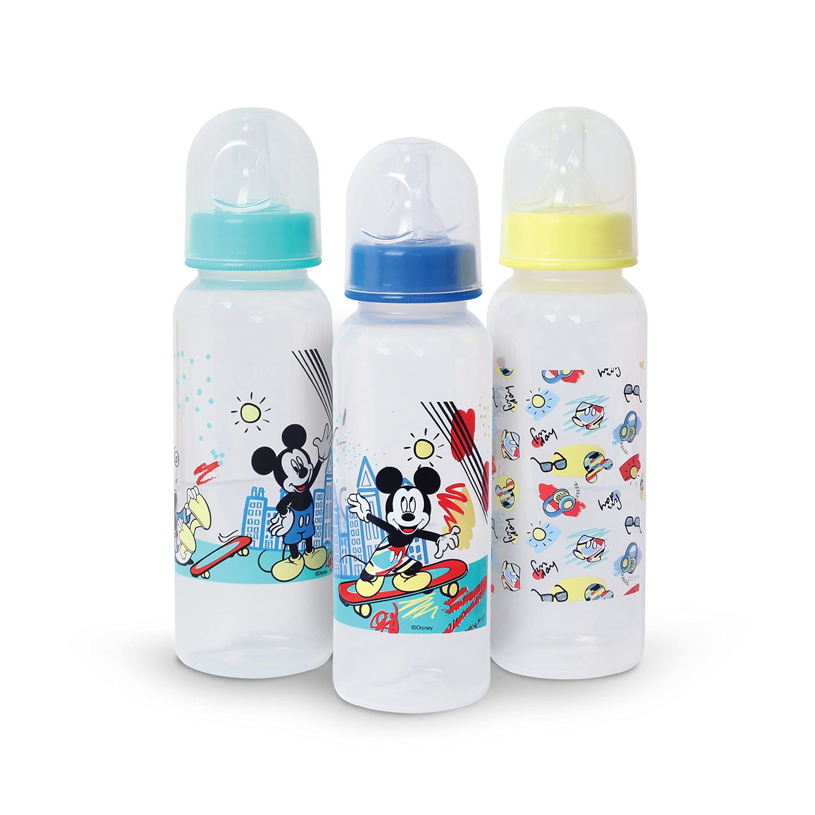 Disney Baby Mickey Mouse Feeding Bottle Set, 0+ Months, 9 oz, 250 ml Pack of 3 Multi Color