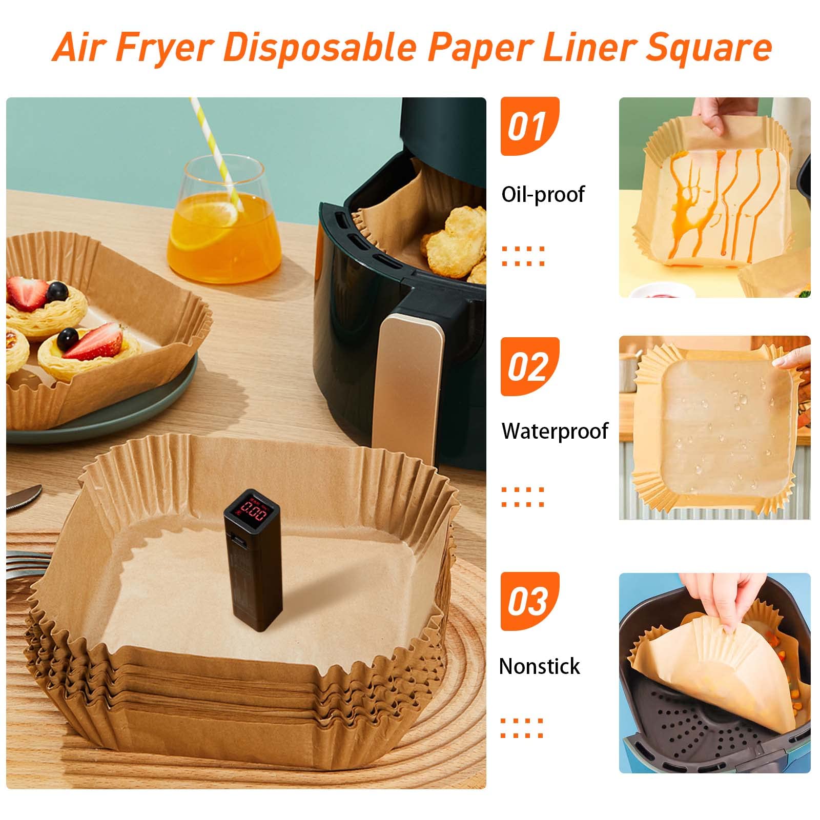 50Pcs Air Fryer Disposable Paper Liner, Air Fryer Liners Square, Baking Paper for Air Fryer Water-proof,Parchment Paper for Baking Roasting Microwave,7.9 inch/20cm,Square