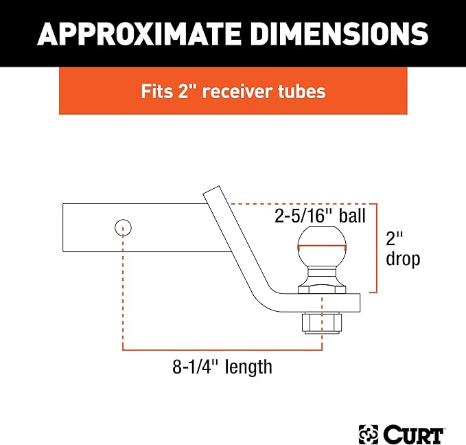 CURT 45041 Trailer Hitch Mount with 2-5/16-Inch Ball & Pin, Fits 2-Inch Receiver, 7,500 lbs, 2-In Drop