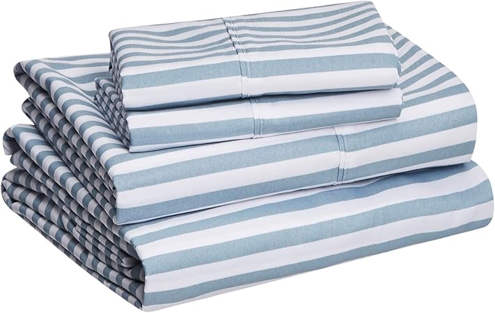 Amazon Basics Lightweight Super Soft Easy Care Microfiber Bed Sheet Set with 14” Deep Pockets - Queen, Dusty Blue Pinstripe