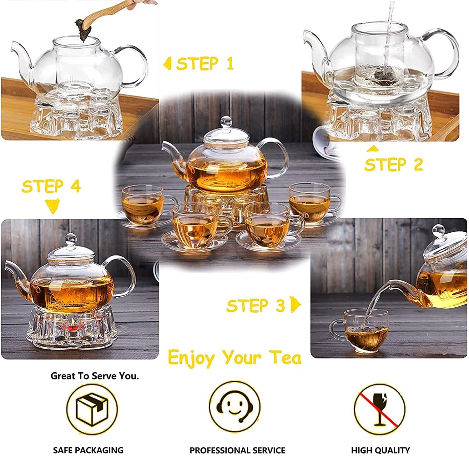 1CHASE Glass Tea Set- Borosilicate Glass Teapot With Heart Shape Tea Warmer and 100 ml 4 Tea Cups with Saucer for Blooming Tea, Flower Tea, Loose Leaf Tea