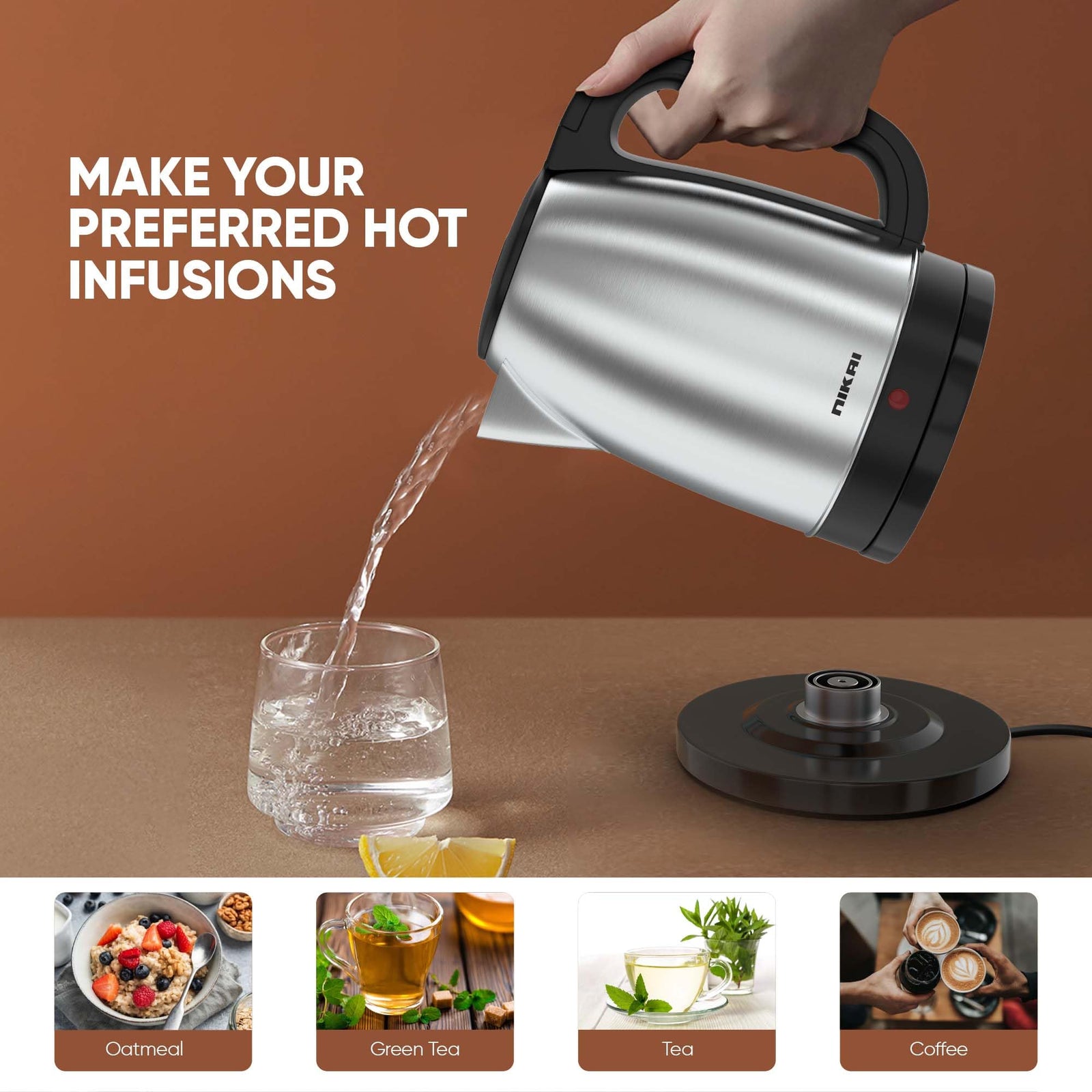 Nikai 1.7L Stainless Steel Electric Kettle, 2200W Power, Stylish & Safe Boiling, Auto Shut Off, Indicator Light, 360° Rotating Base, Timeless Design, Matt Finish, Ideal for Home & Office use - NK420A