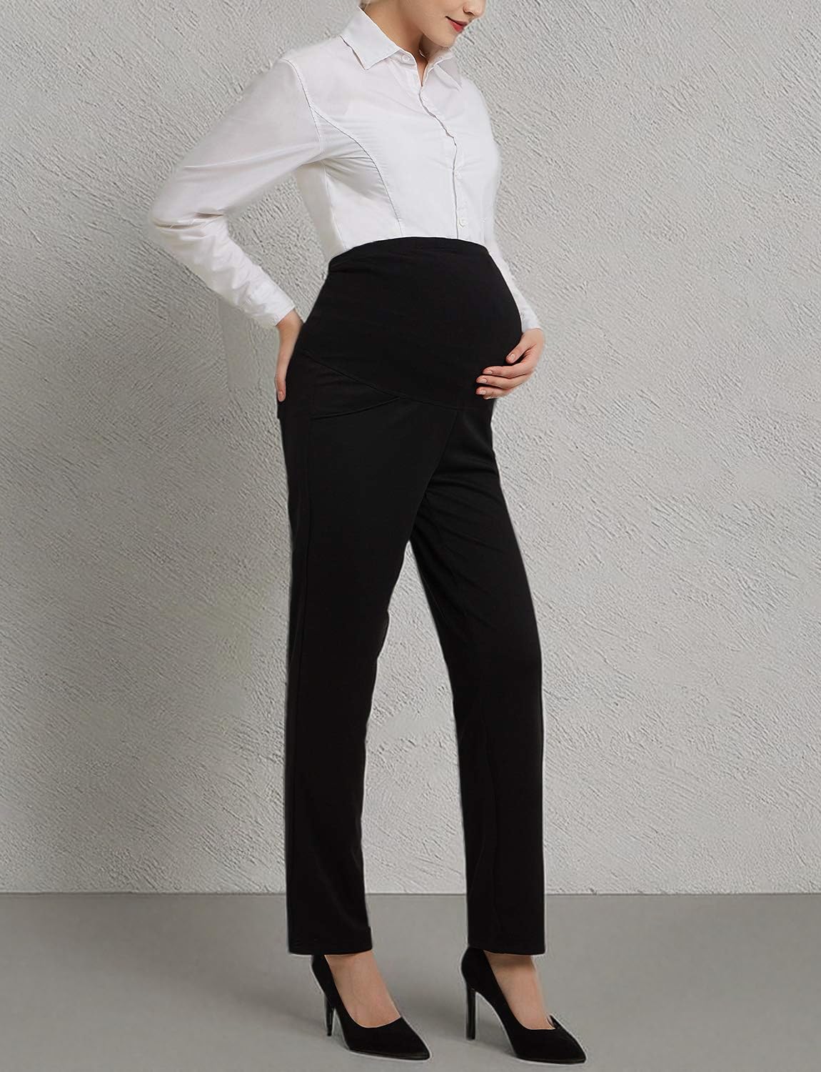 Bhome Maternity Jeans Stretch High Waisted Pants,Dress Pants for Work Career Office Pants, Black Straight Work Pants